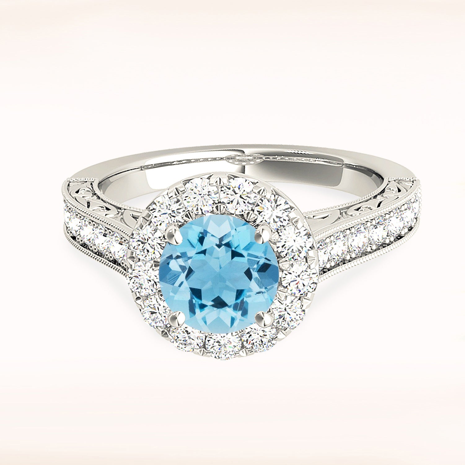 1.10 ct. Genuine Aquamarine Ring With 0.70 ctw. Diamond Halo, Milgrain And Filigree Diamond Band| Round Blue Aquamarine Halo Ring-VIRABYANI