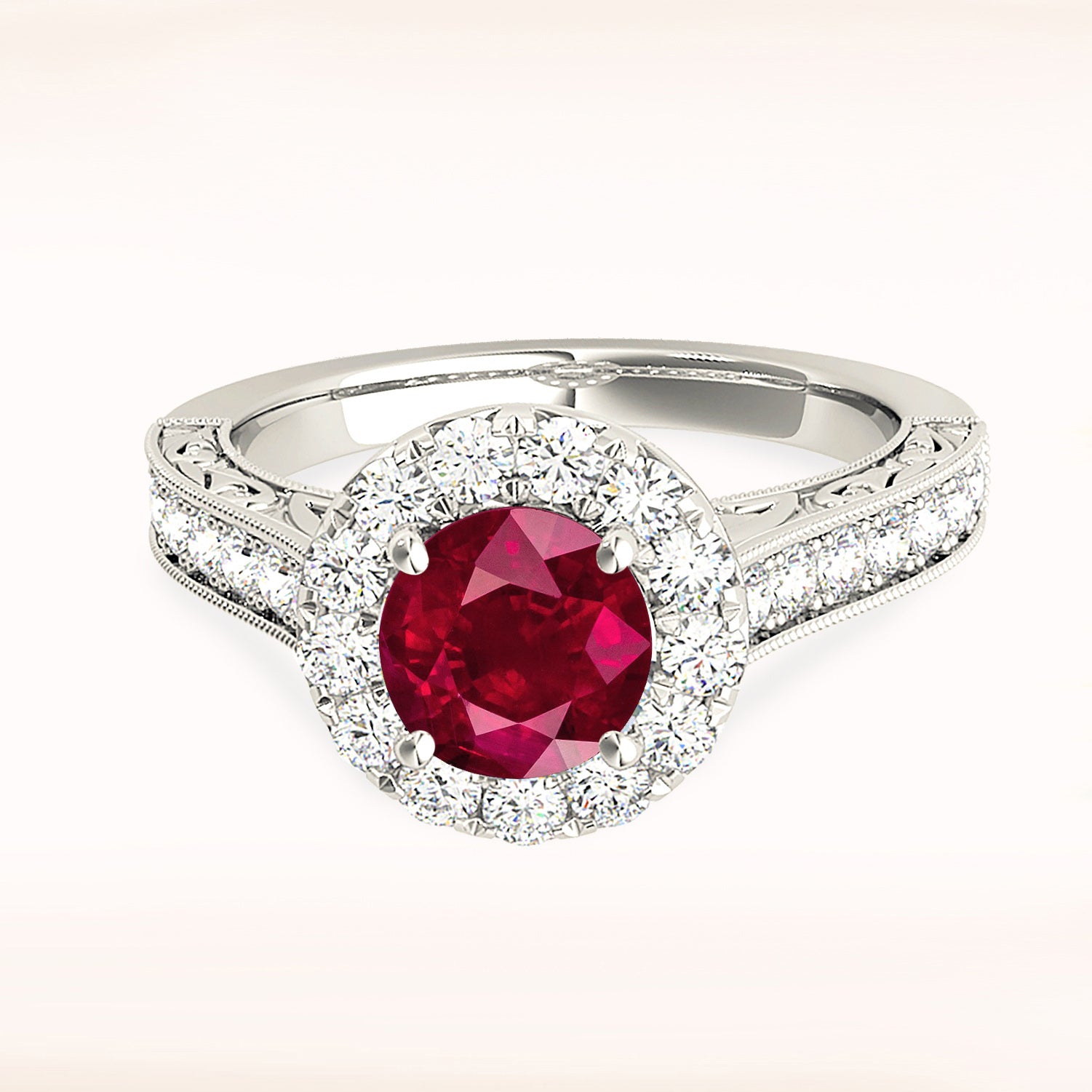 1.35 ct. Genuine Ruby Ring With 0.70 ctw. Diamond Halo And Milgrain Diamond Band, Filligree Design-VIRABYANI