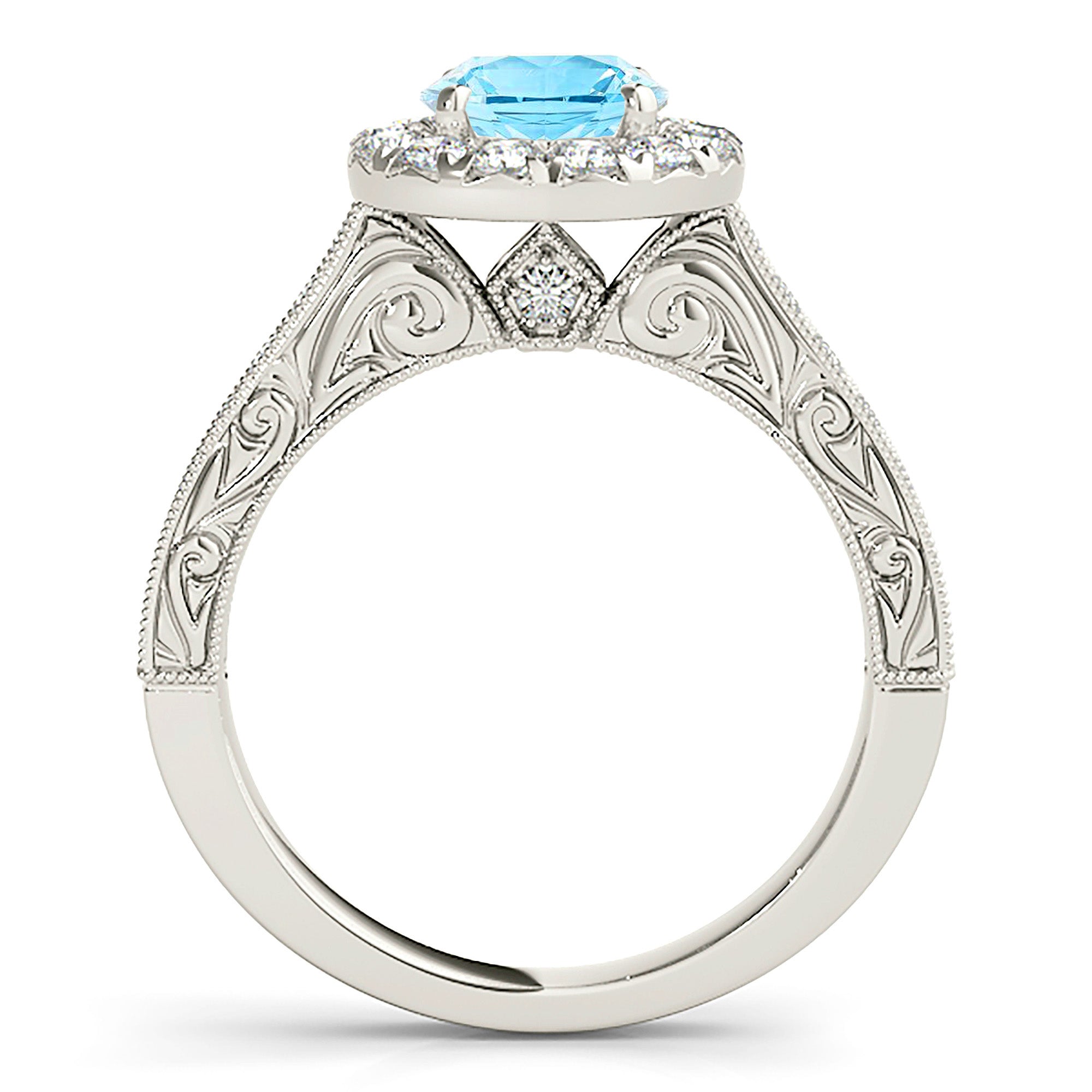 1.10 ct. Genuine Aquamarine Ring With 0.70 ctw. Diamond Halo, Milgrain And Filigree Diamond Band| Round Blue Aquamarine Halo Ring-in 14K/18K White, Yellow, Rose Gold and Platinum - Christmas Jewelry Gift -VIRABYANI