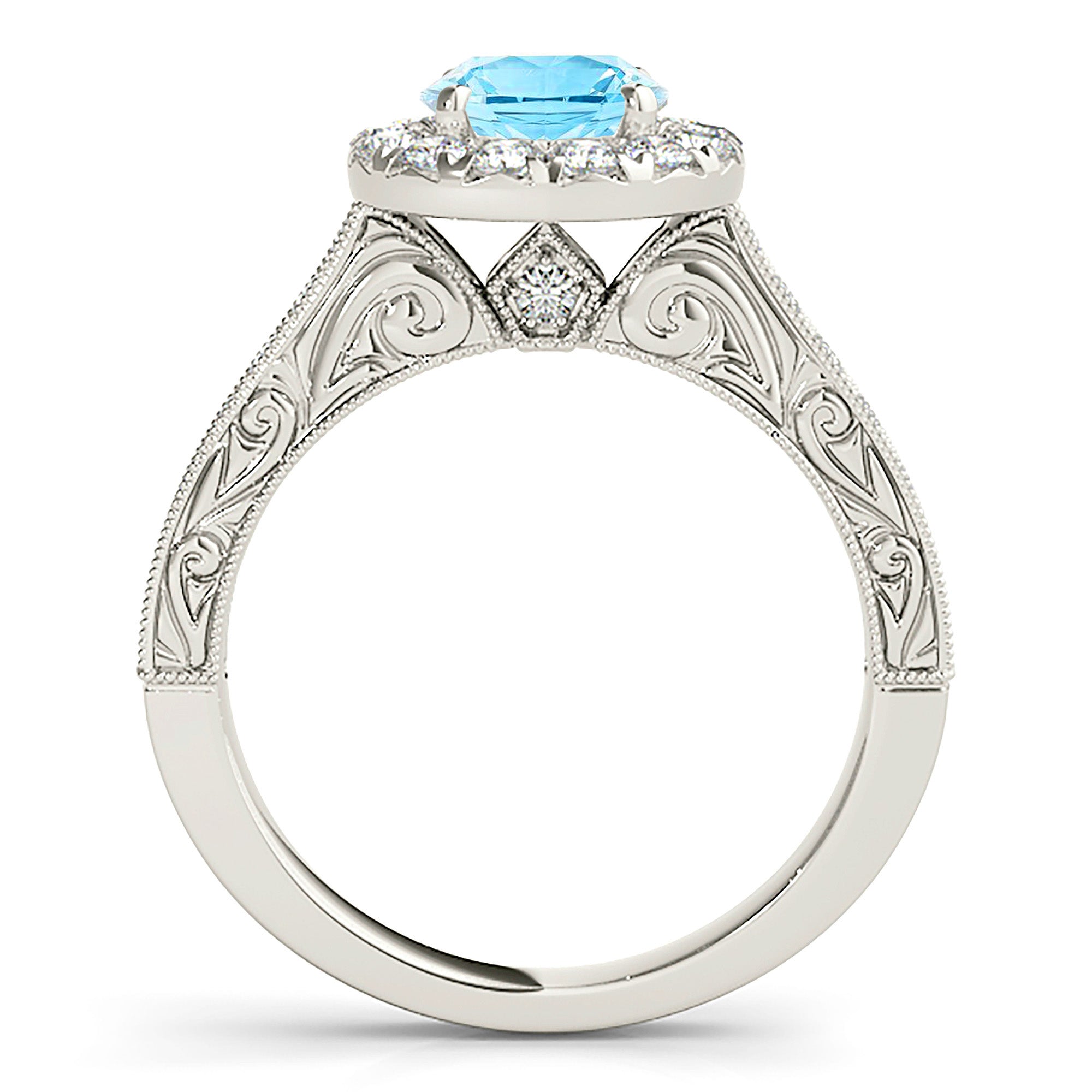 1.10 ct. Genuine Aquamarine Ring With 0.70 ctw. Diamond Halo, Milgrain And Filigree Diamond Band| Round Blue Aquamarine Halo Ring-VIRABYANI