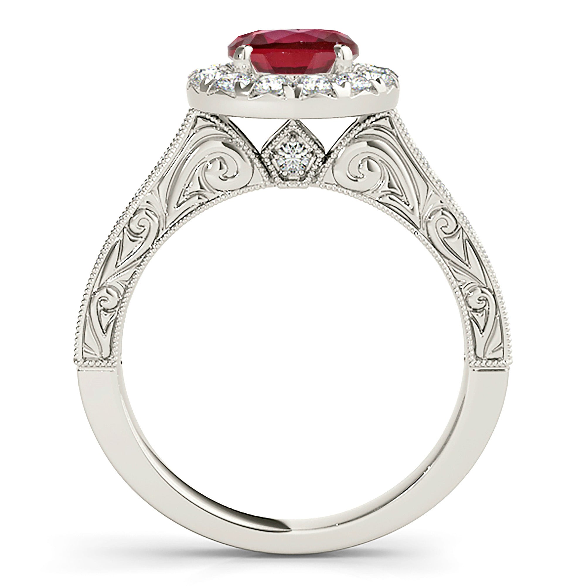 1.35 ct. Genuine Ruby Ring With 0.70 ctw. Diamond Halo And Milgrain Diamond Band, Filligree Design-in 14K/18K White, Yellow, Rose Gold and Platinum - Christmas Jewelry Gift -VIRABYANI
