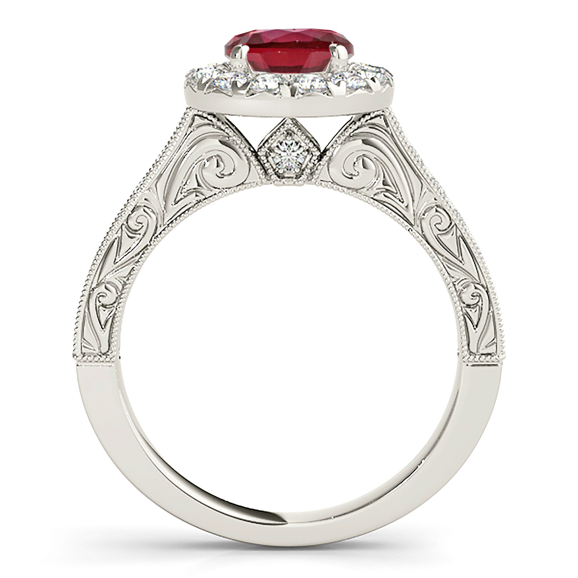 1.35 ct. Genuine Ruby Ring With 0.70 ctw. Diamond Halo And Milgrain Diamond Band, Filligree Design-VIRABYANI