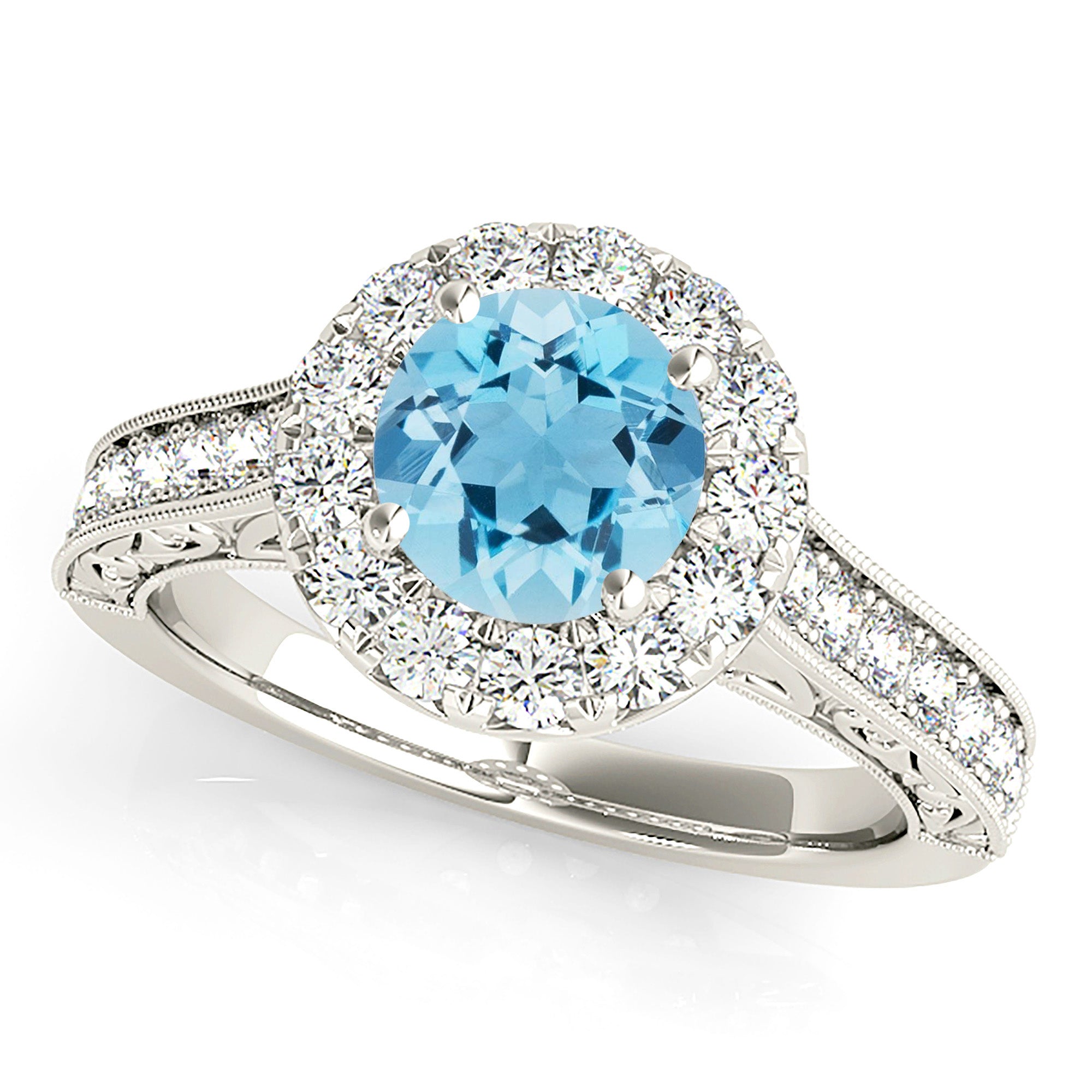 1.10 ct. Genuine Aquamarine Ring With 0.70 ctw. Diamond Halo, Milgrain And Filigree Diamond Band| Round Blue Aquamarine Halo Ring-VIRABYANI