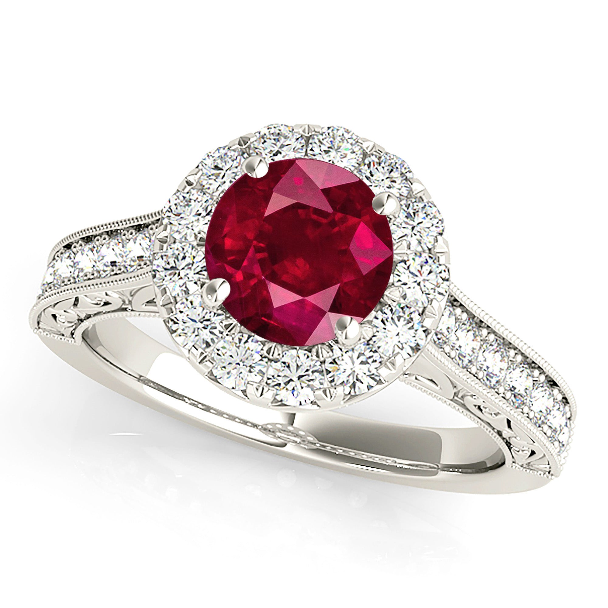 1.35 ct. Genuine Ruby Ring With 0.70 ctw. Diamond Halo And Milgrain Diamond Band, Filligree Design-VIRABYANI
