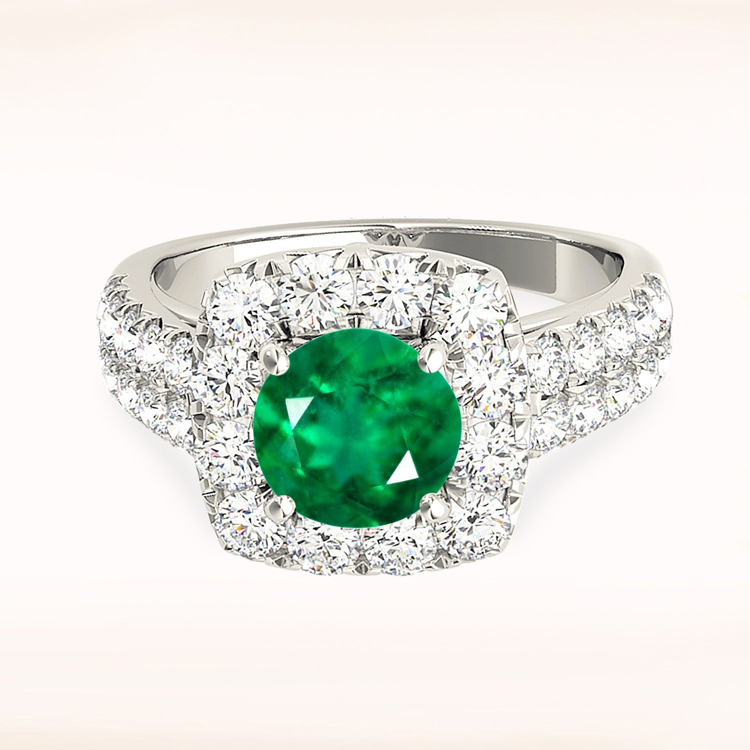 2.00 ct. Genuine Emerald Halo Ring With 1.00 ctw. Double Row Side Diamonds-VIRABYANI
