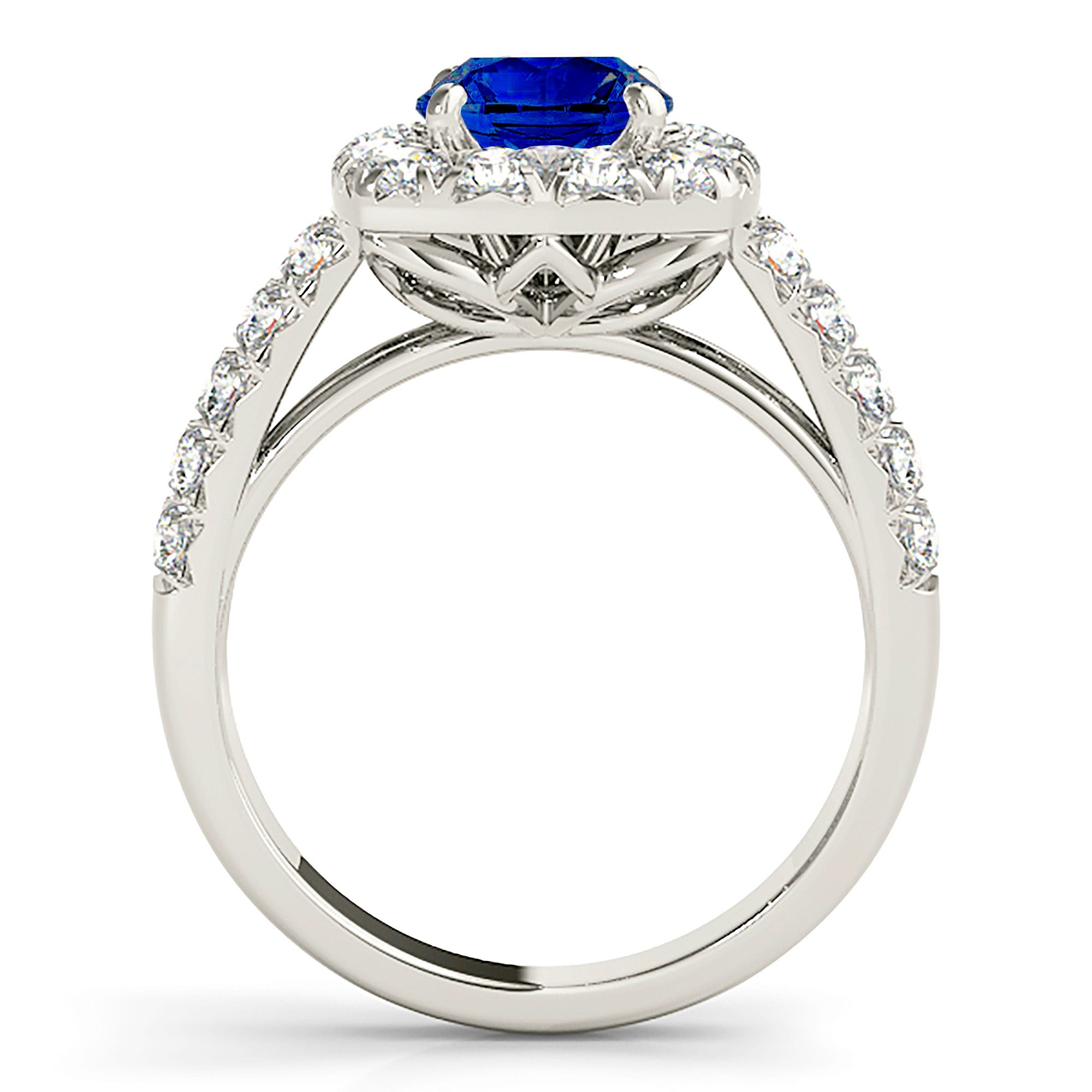 2.41 ct. Genuine Blue Sapphire Halo Ring with 1.00 ctw. Side Diamonds Double Row-VIRABYANI