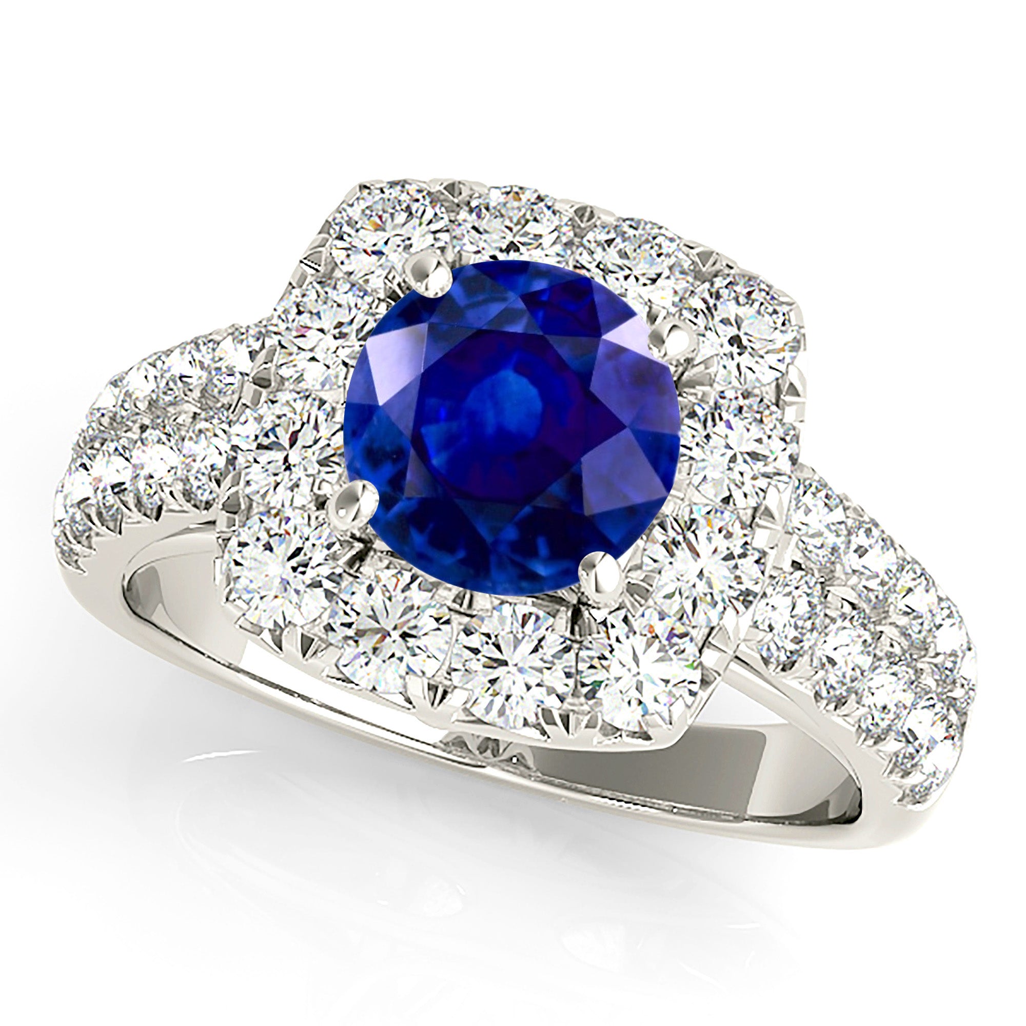 2.41 ct. Genuine Blue Sapphire Halo Ring with 1.00 ctw. Side Diamonds Double Row-VIRABYANI
