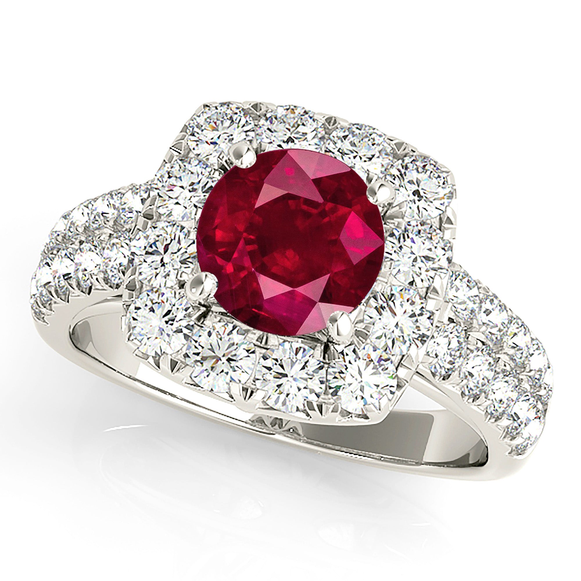 2.35 ct. Genuine Ruby Ring With 1.00 ctw. Diamond Halo And Double Row Diamond Band, Floral Basket-VIRABYANI