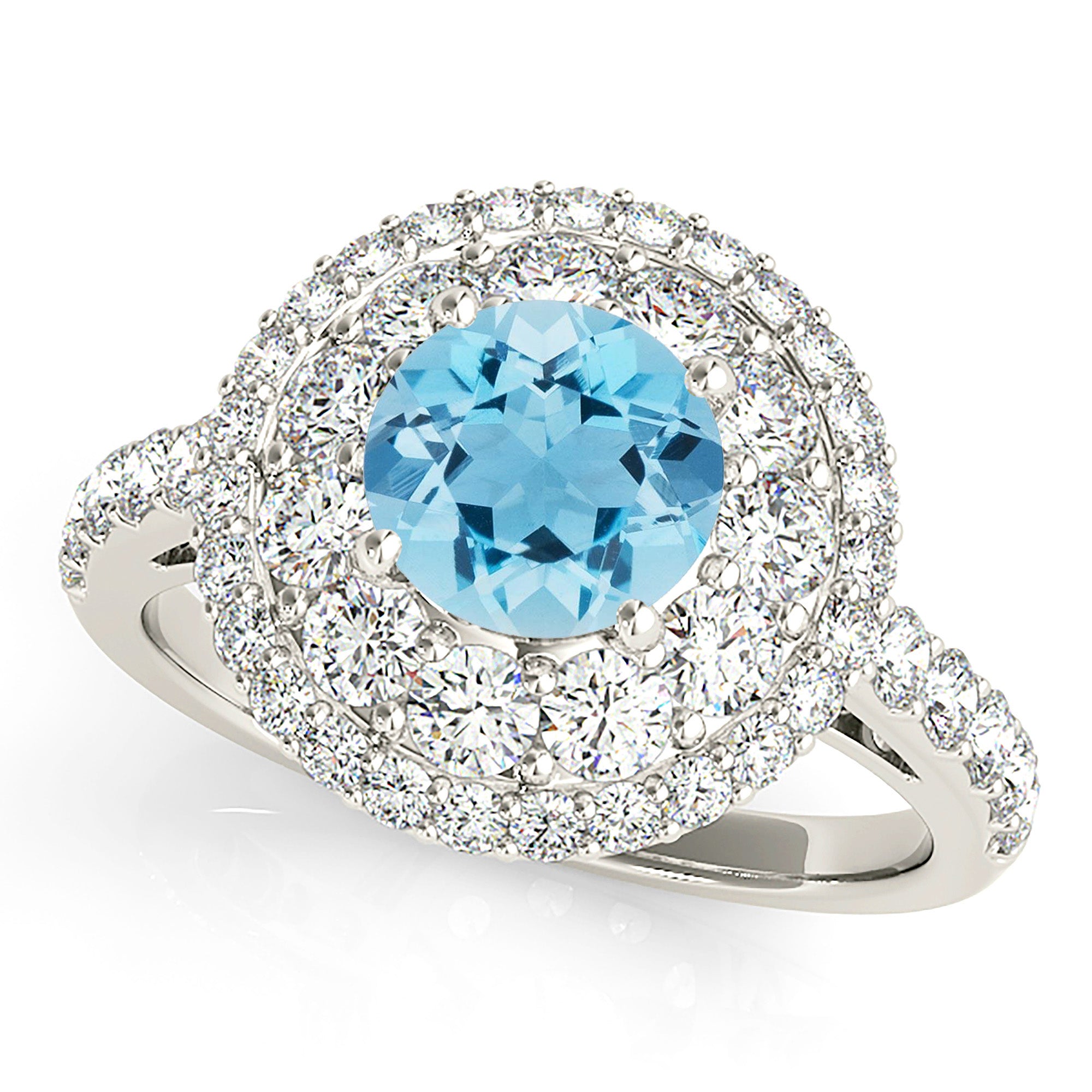 1.10 ct. Genuine Aquamarine Ring With 1.00 ctw. Diamond Double Row Halo And Delicate Diamond band | Round Blue Aquamarine Halo Ring-VIRABYANI