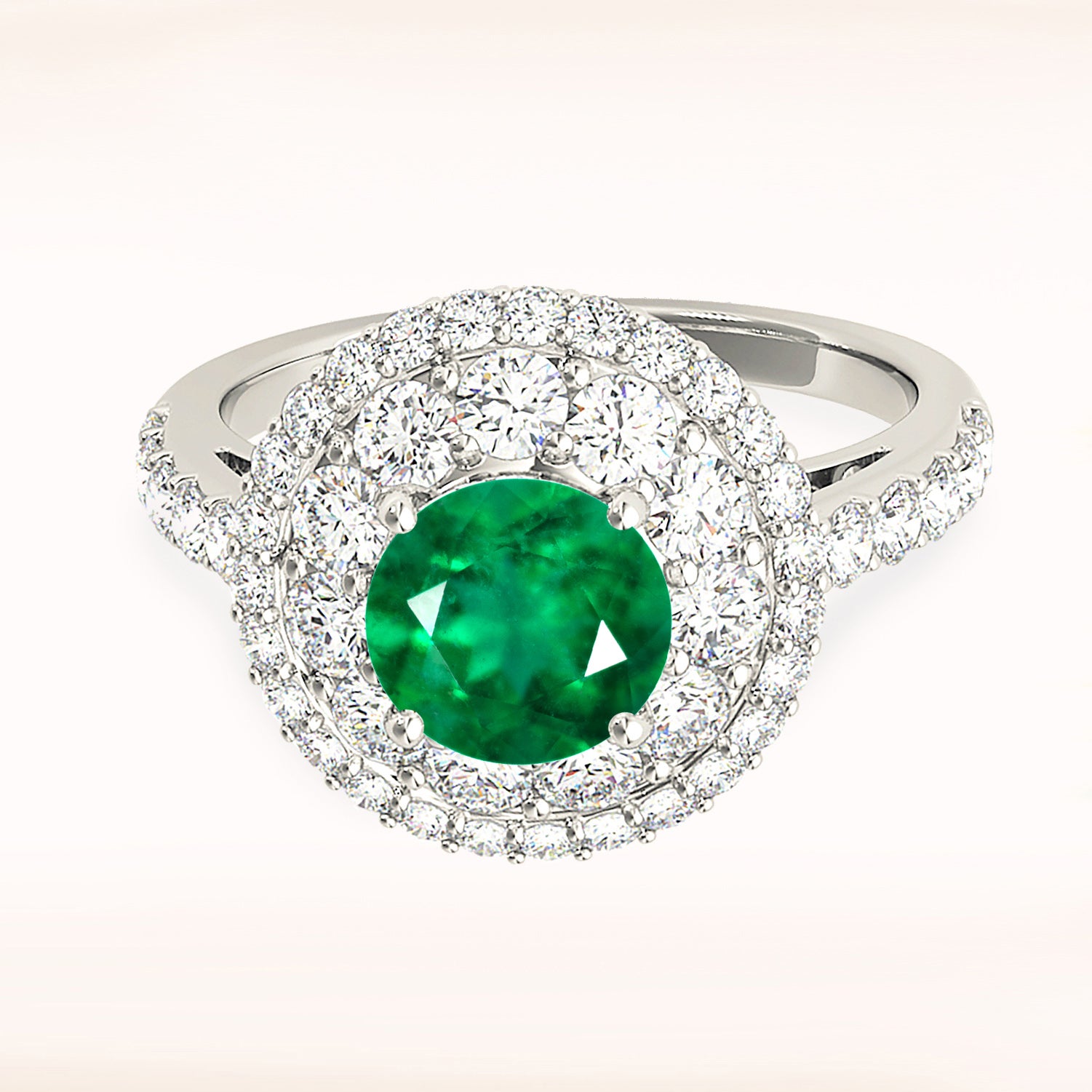 1.14 ct. Genuine Emerald Engagement Ring With 1.00 ctw. Diamond Double Row Halo and Filigree Basket-VIRABYANI