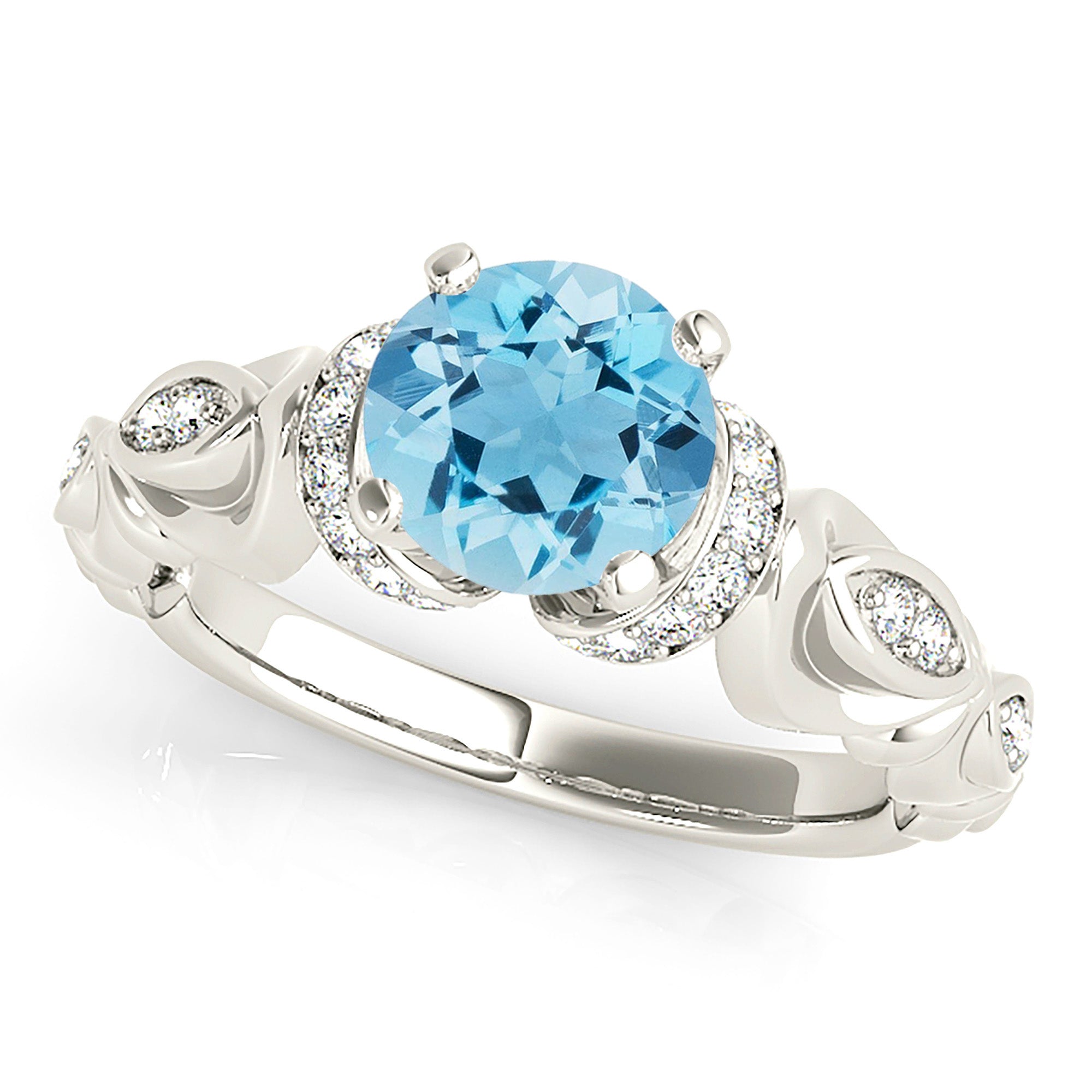 1.75 ct. Genuine Aquamarine Ring With 0.20 ctw. Diamond Hand Carved, Floral Delicate Band | Round Blue Aquamarine Halo Ring-VIRABYANI