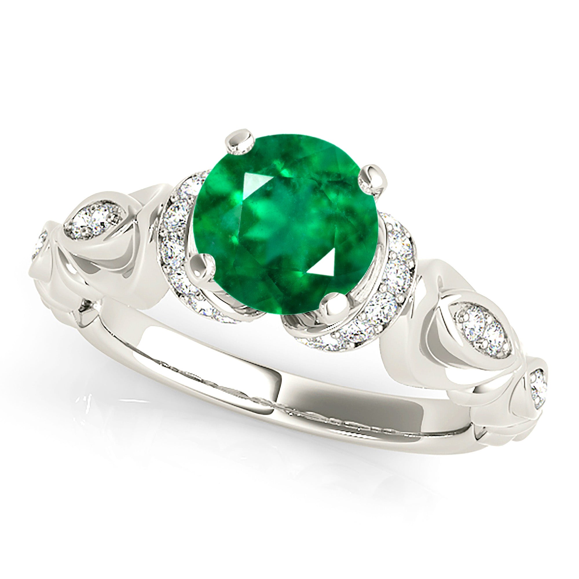1.75 ct. Genuine Emerald Ring With 0.20 ctw. Side Accent Diamonds,Hand Carved Floral Design-VIRABYANI