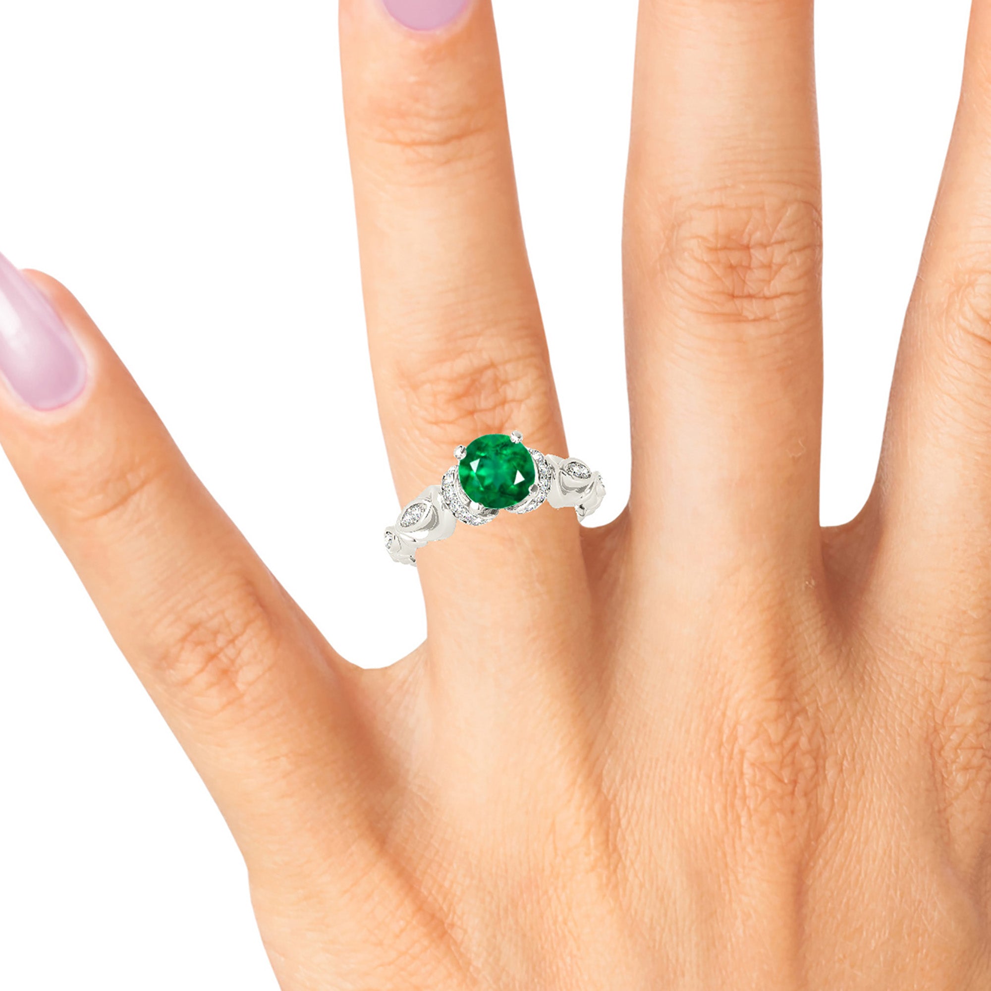 1.75 ct. Genuine Emerald Ring With 0.20 ctw. Side Accent Diamonds,Hand Carved Floral Design-in 14K/18K White, Yellow, Rose Gold and Platinum - Christmas Jewelry Gift -VIRABYANI