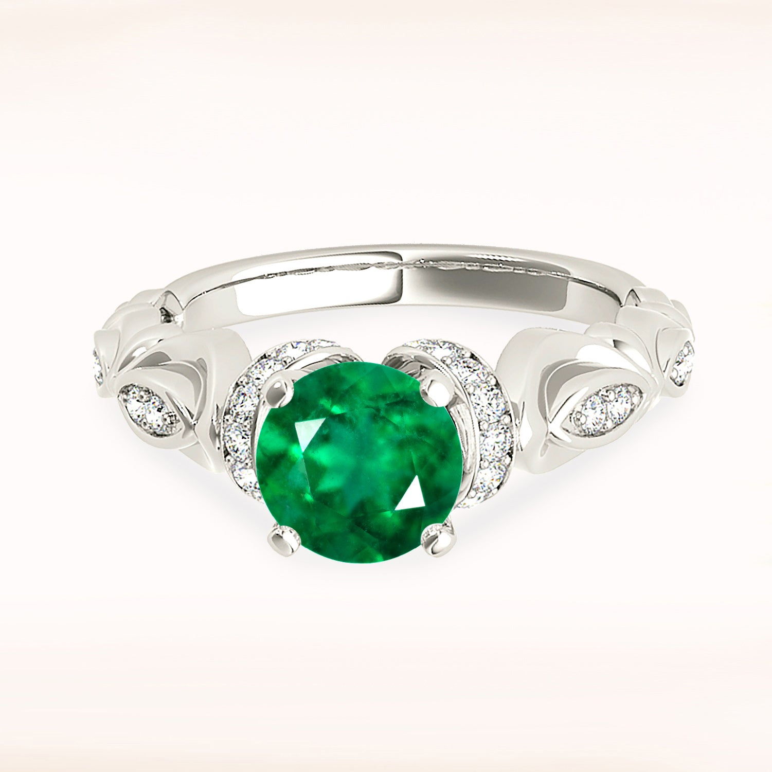 1.75 ct. Genuine Emerald Ring With 0.20 ctw. Side Accent Diamonds,Hand Carved Floral Design-VIRABYANI