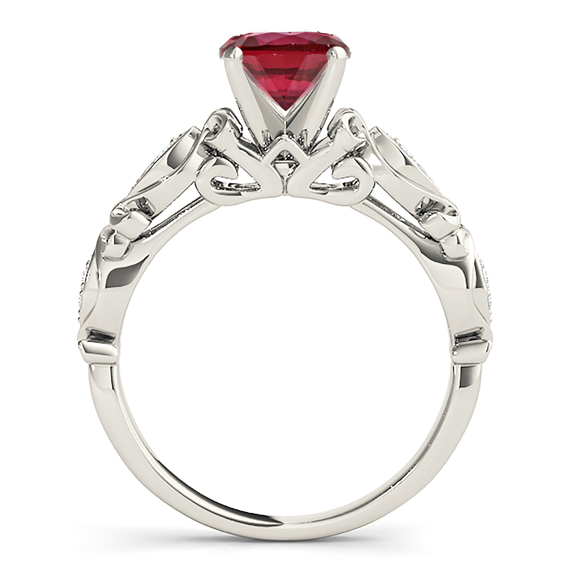 1.79 ct. Genuine Solitaire Ruby Ring With 0.20 ctw. Diamond Band, Fancy Hand Carved Floral Band-VIRABYANI