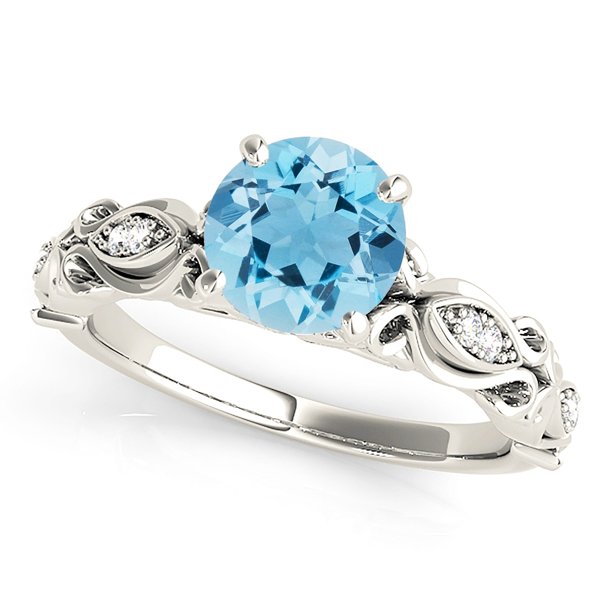 1.75 ct. Genuine Aquamarine Ring With 0.20 ctw. Diamond Fancy Hand Carved Shank, Cathedral Style Setting | Round Blue Aquamarine Halo Ring-in 14K/18K White, Yellow, Rose Gold and Platinum - Christmas Jewelry Gift -VIRABYANI