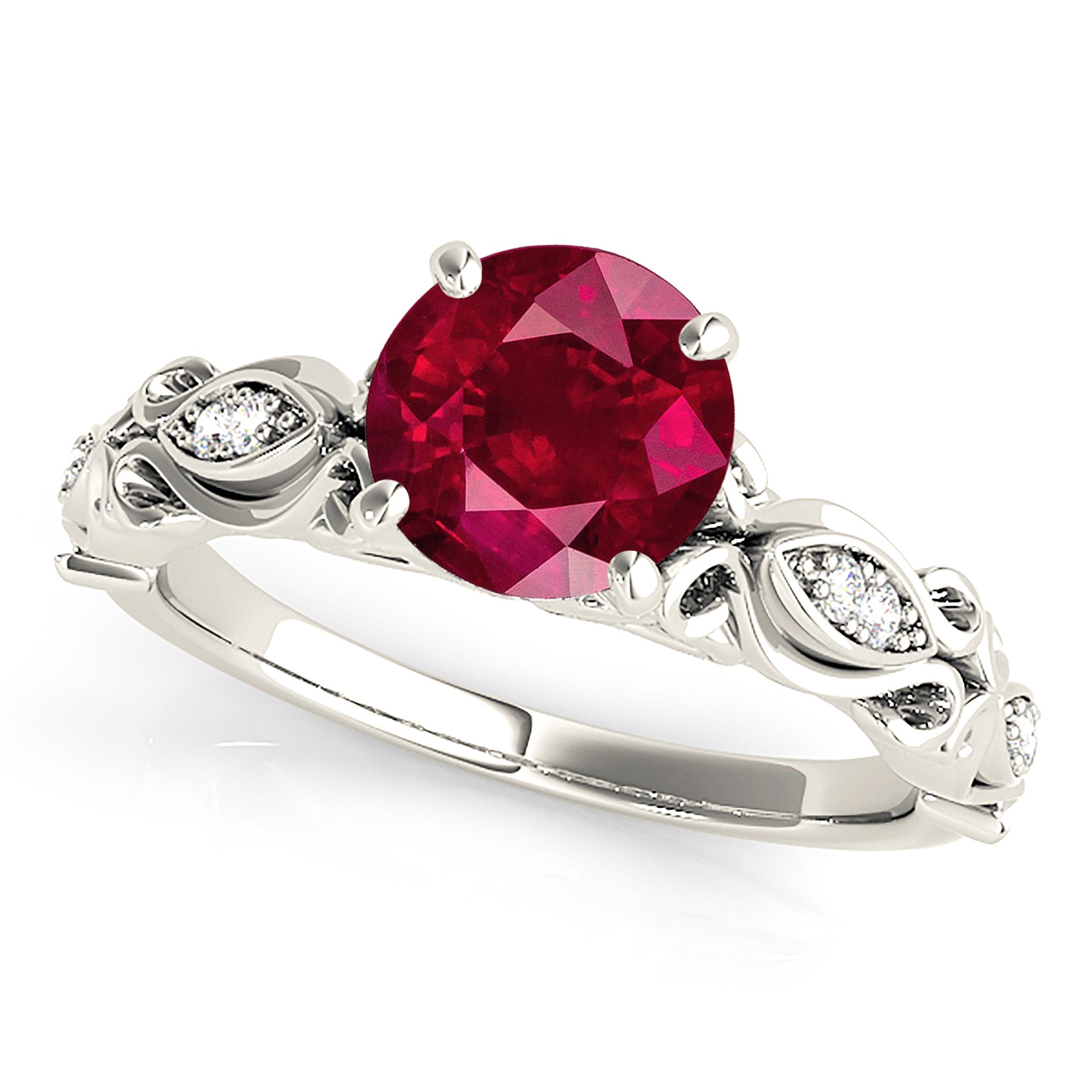 1.79 ct. Genuine Solitaire Ruby Ring With 0.20 ctw. Diamond Band, Fancy Hand Carved Floral Band-VIRABYANI