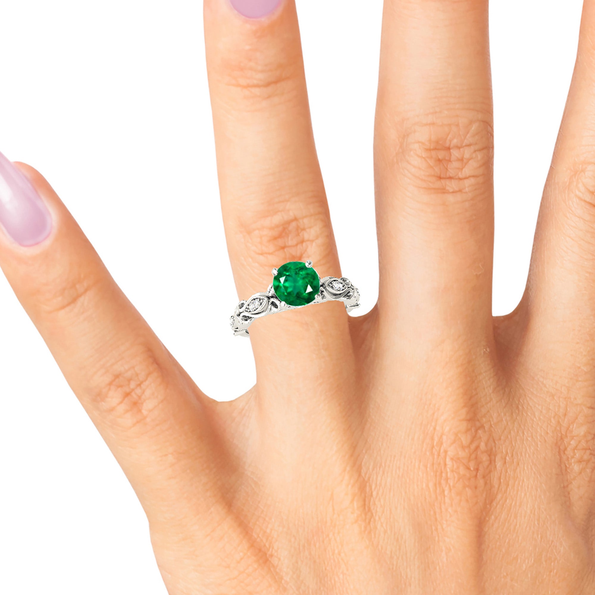 1.75 ct. Genuine Emerald Solitaire Ring With 0.20 ctw. Side Accent Diamonds,Filigree band-in 14K/18K White, Yellow, Rose Gold and Platinum - Christmas Jewelry Gift -VIRABYANI