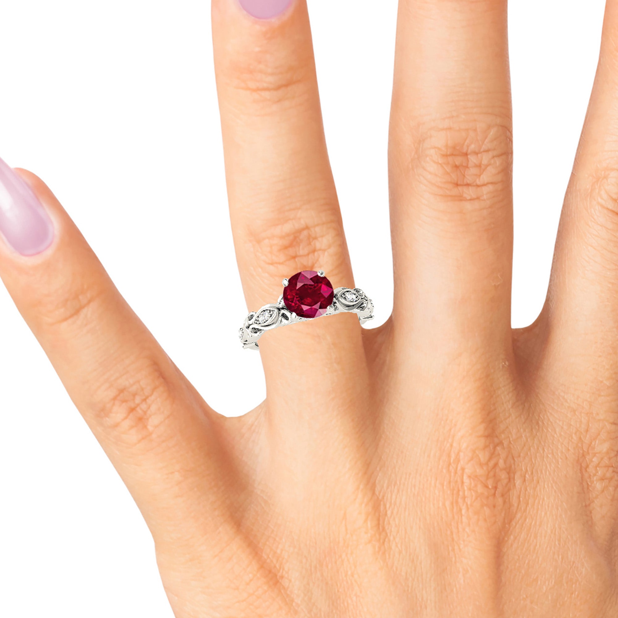 1.79 ct. Genuine Solitaire Ruby Ring With 0.20 ctw. Diamond Band, Fancy Hand Carved Floral Band-VIRABYANI
