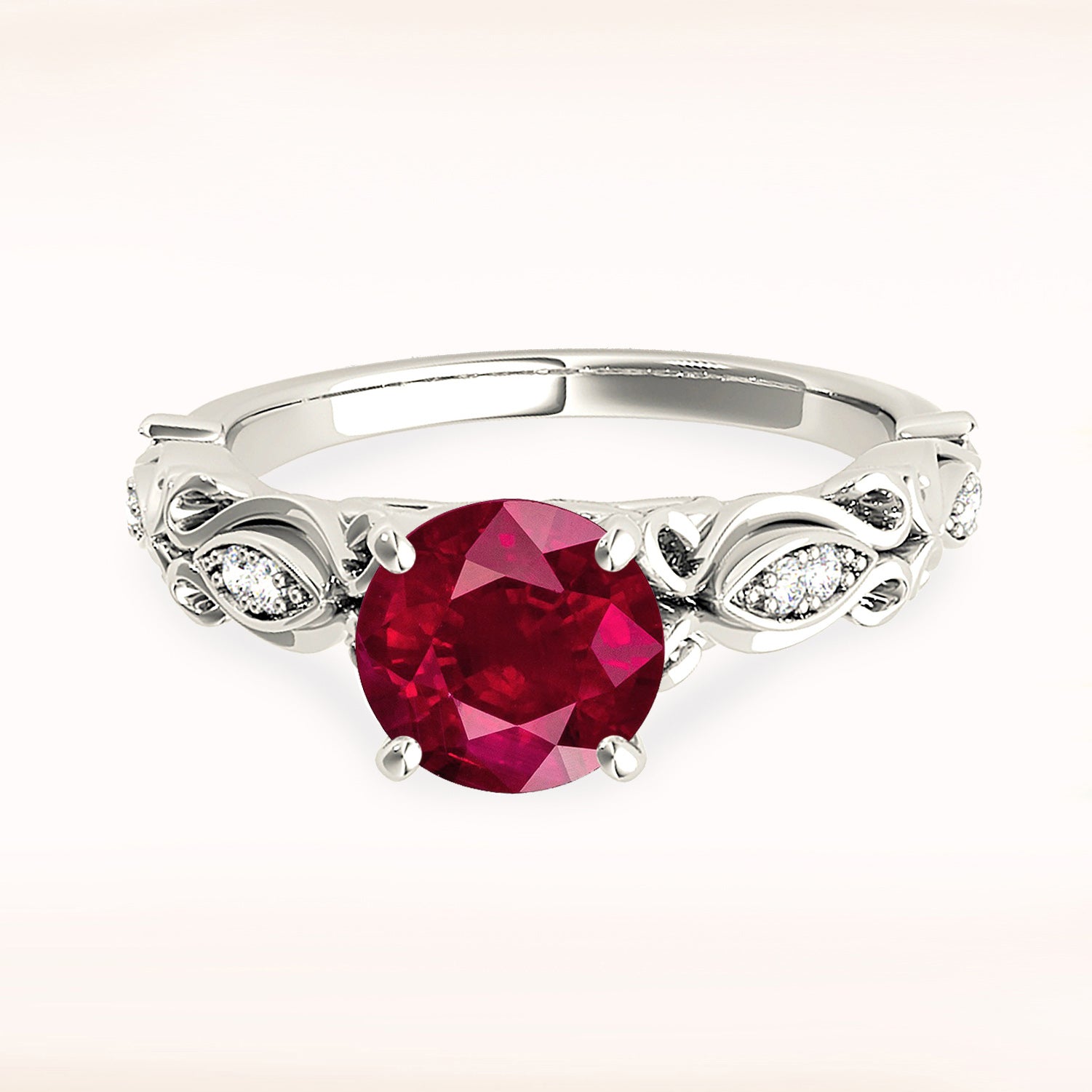 1.79 ct. Genuine Solitaire Ruby Ring With 0.20 ctw. Diamond Band, Fancy Hand Carved Floral Band-VIRABYANI
