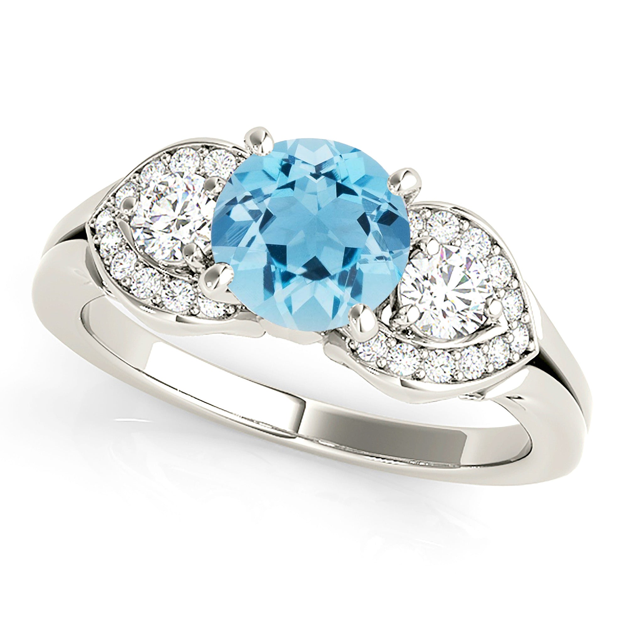 1.10 ct. Genuine Aquamarine Three Stone Style Side Heart Vintage Ring 0.40 ctw. Diamonds-VIRABYANI