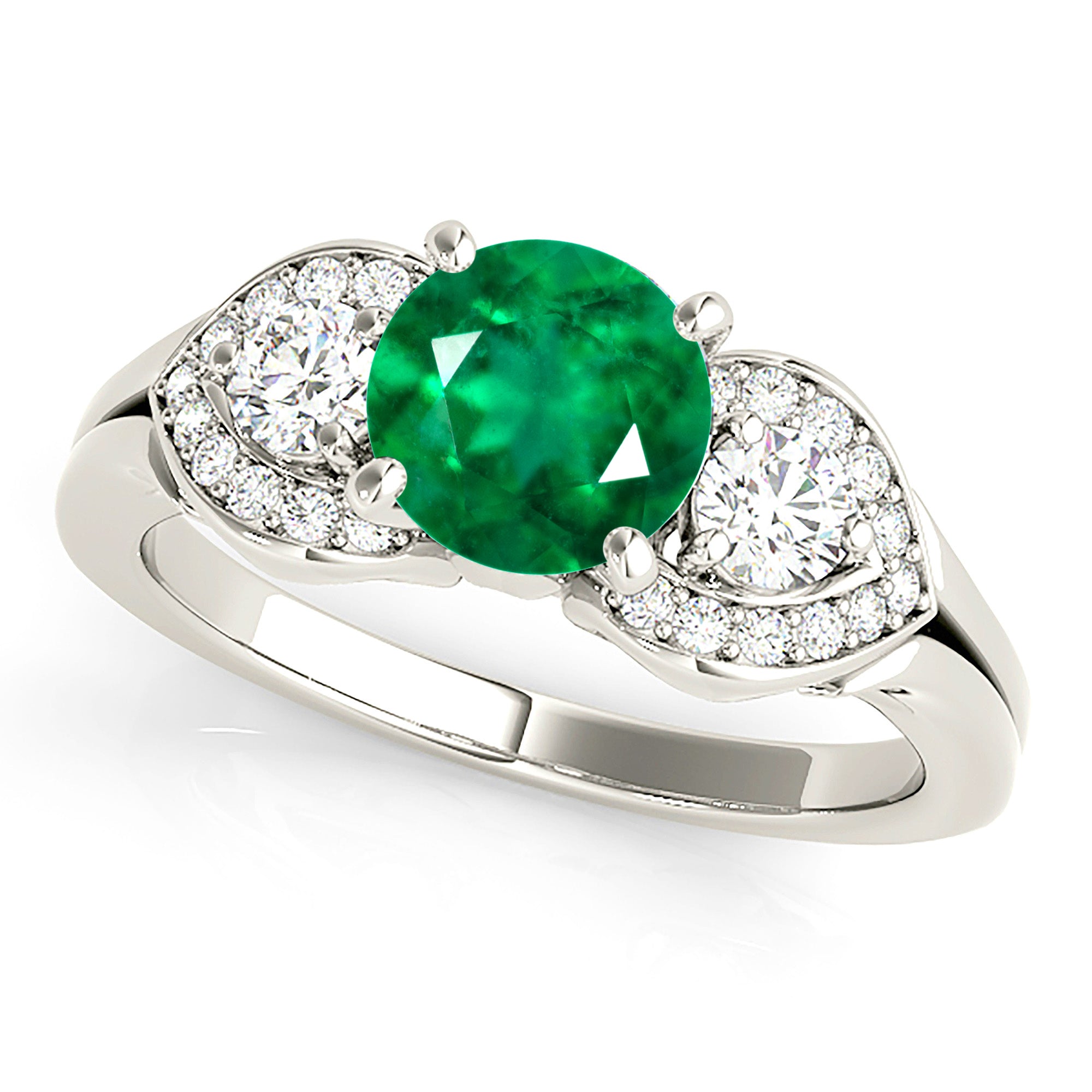 1.14 ct. Genuine Emerald Three Stone Style Side Heart Halo 0.40 ctw. Diamonds-VIRABYANI