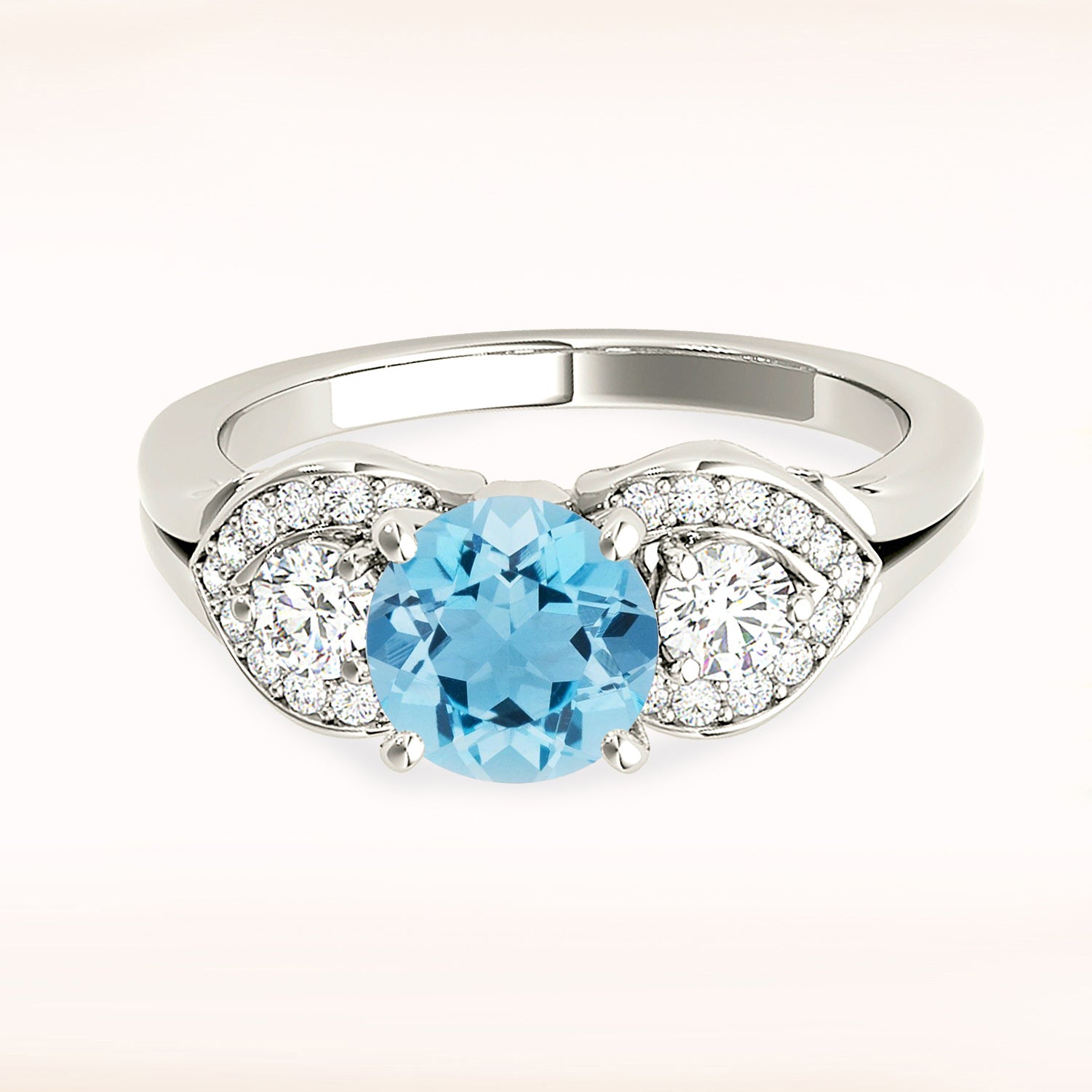 1.10 ct. Genuine Aquamarine Three Stone Style Side Heart Vintage Ring 0.40 ctw. Diamonds-VIRABYANI