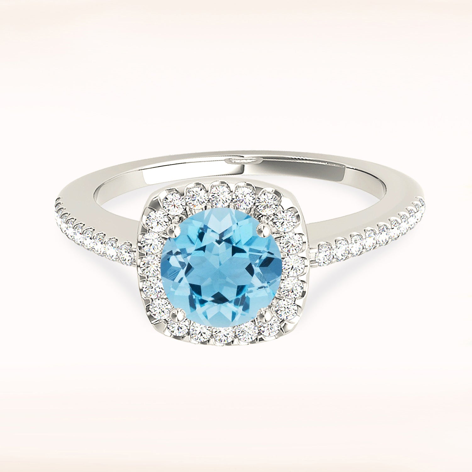 1.63 ct. Genuine Round Aquamarine Ring With 0.25 ctw. Diamond Cushion Halo, Delicate Diamond Thin Band | Round Blue Aquamarine Halo Ring-VIRABYANI