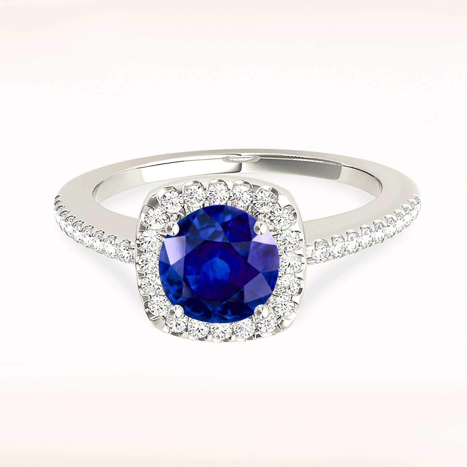 1.46 ct. Genuine Blue Sapphire Halo Ring with 0.25 ctw. Side Diamonds-VIRABYANI