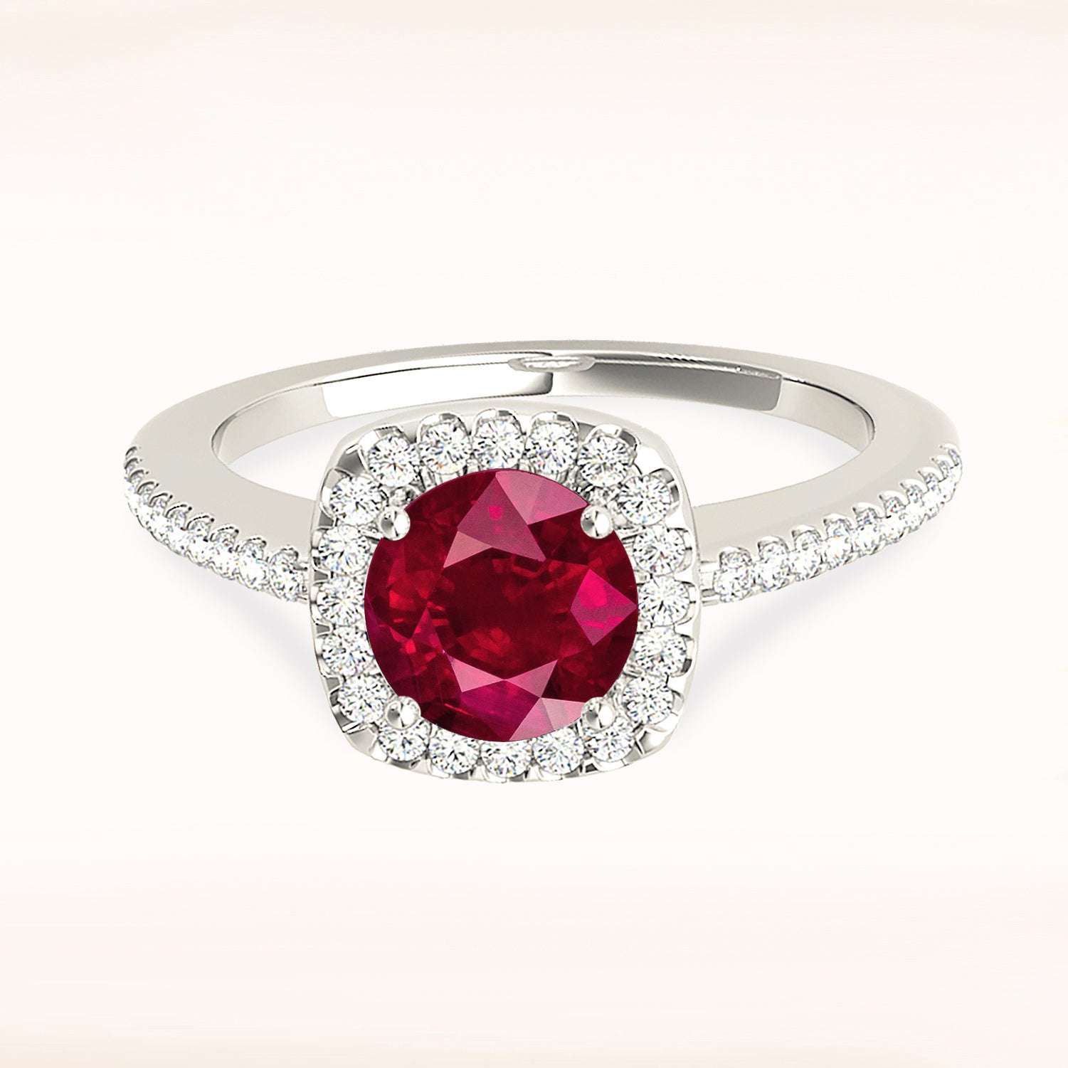 1.45 ct. Genuine Ruby Ring With 0.25 ctw. Diamond Cushion Halo And Delicate Diamond Band-VIRABYANI