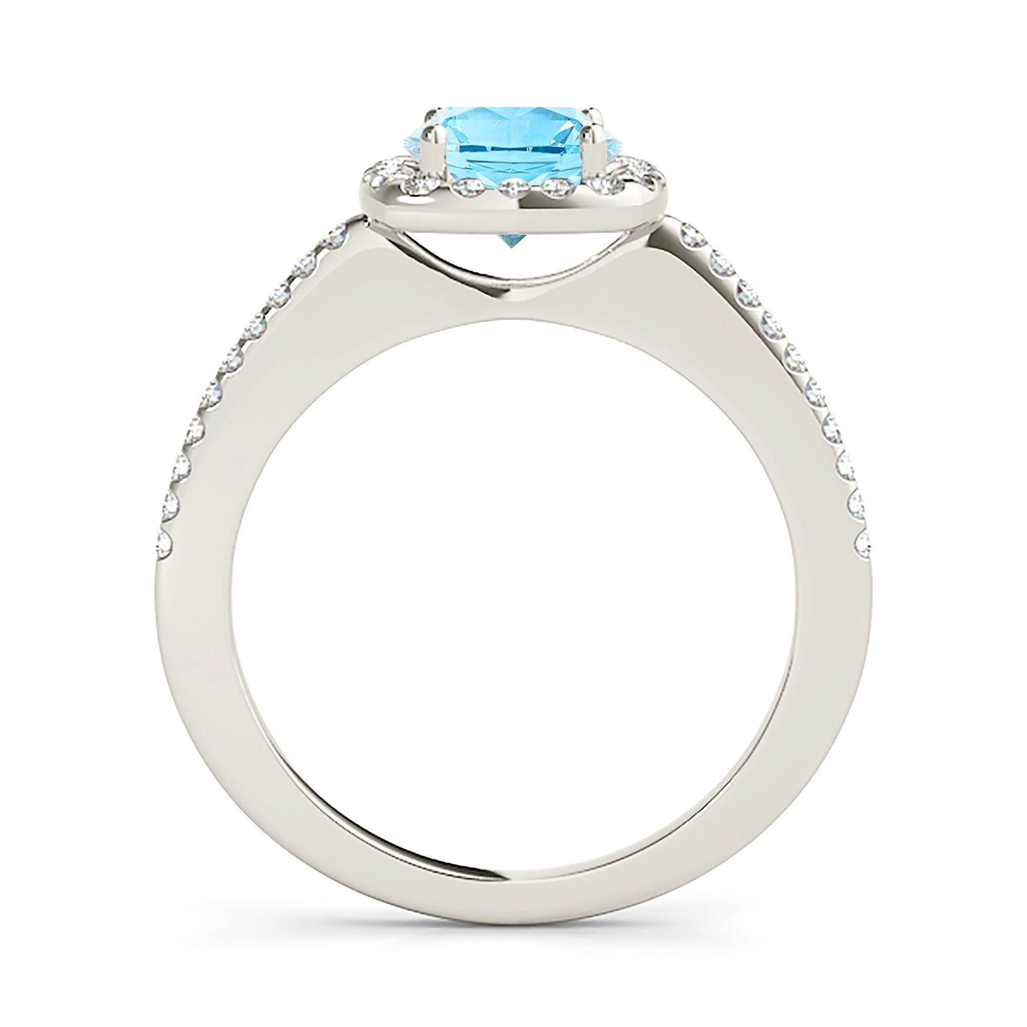 1.63 ct. Genuine Round Aquamarine Ring With 0.25 ctw. Diamond Cushion Halo, Delicate Diamond Thin Band | Round Blue Aquamarine Halo Ring-VIRABYANI