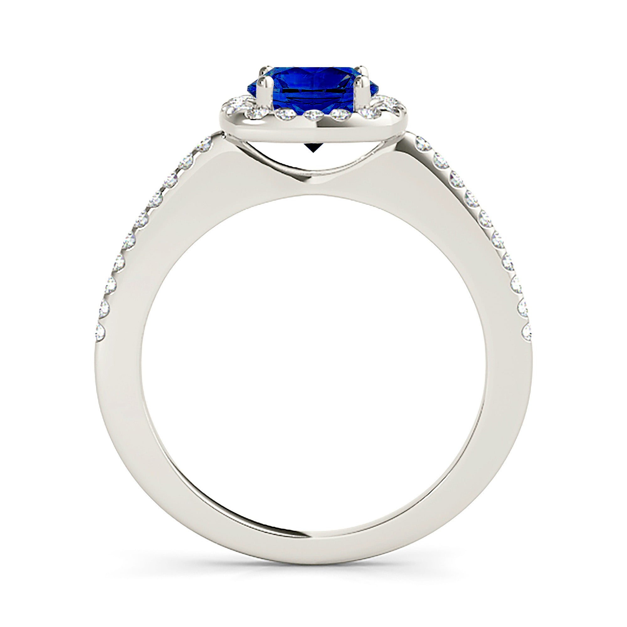 1.46 ct. Genuine Blue Sapphire Halo Ring with 0.25 ctw. Side Diamonds-VIRABYANI