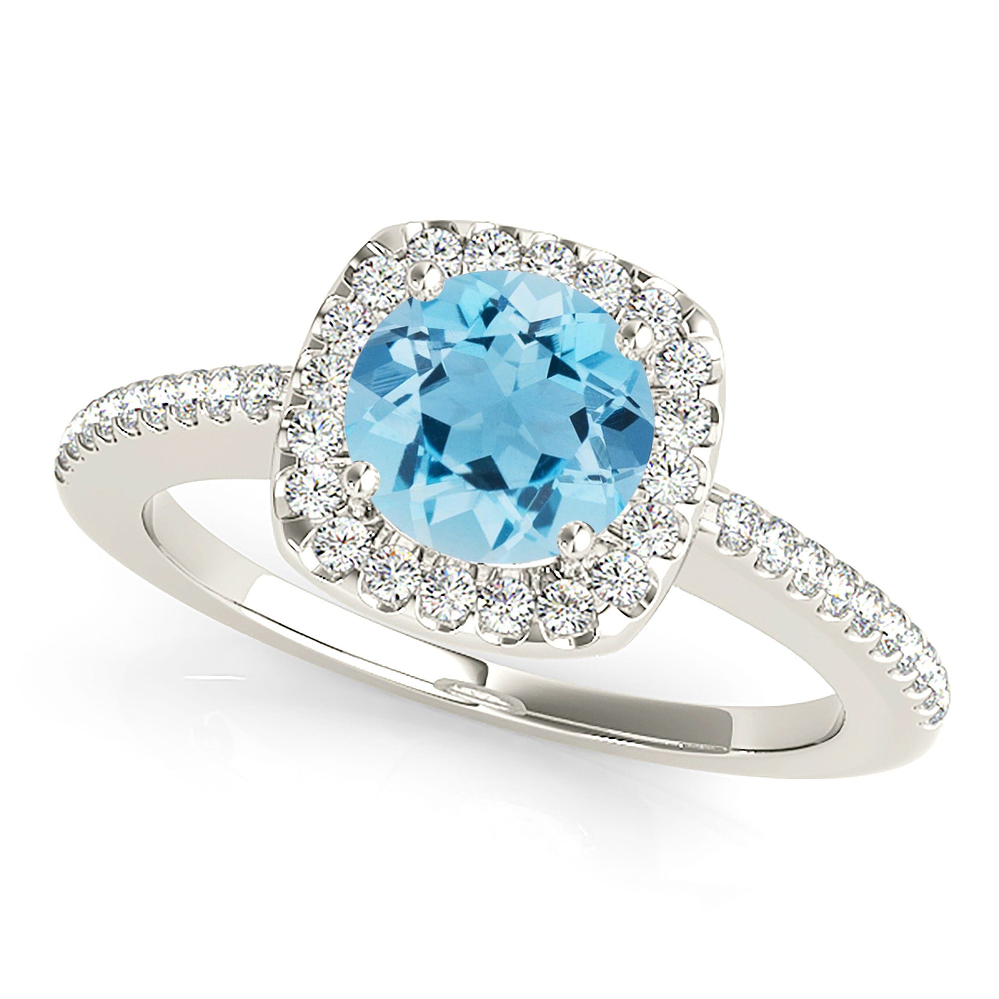 1.63 ct. Genuine Round Aquamarine Ring With 0.25 ctw. Diamond Cushion Halo, Delicate Diamond Thin Band | Round Blue Aquamarine Halo Ring-VIRABYANI