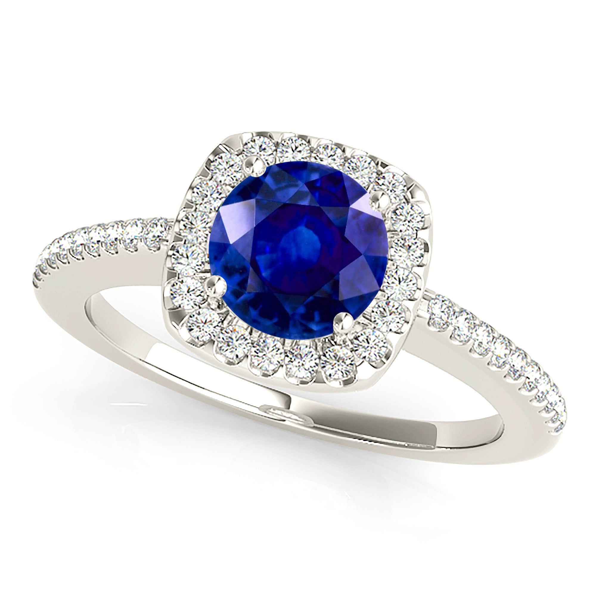 1.46 ct. Genuine Blue Sapphire Halo Ring with 0.25 ctw. Side Diamonds-VIRABYANI