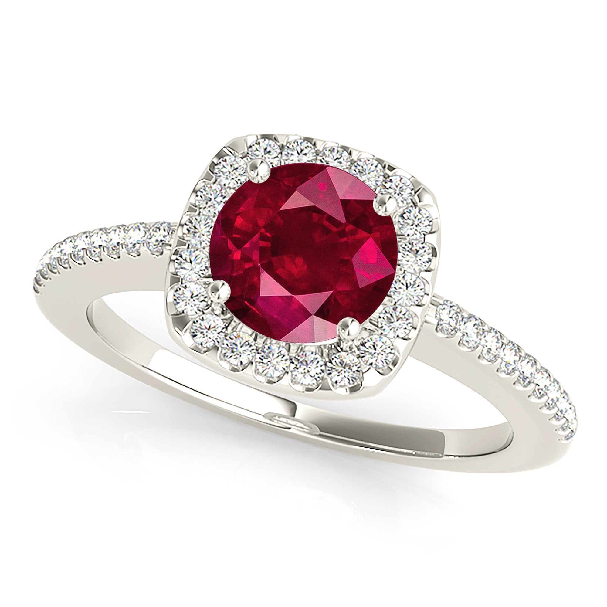 1.45 ct. Genuine Ruby Ring With 0.25 ctw. Diamond Cushion Halo And Delicate Diamond Band-VIRABYANI