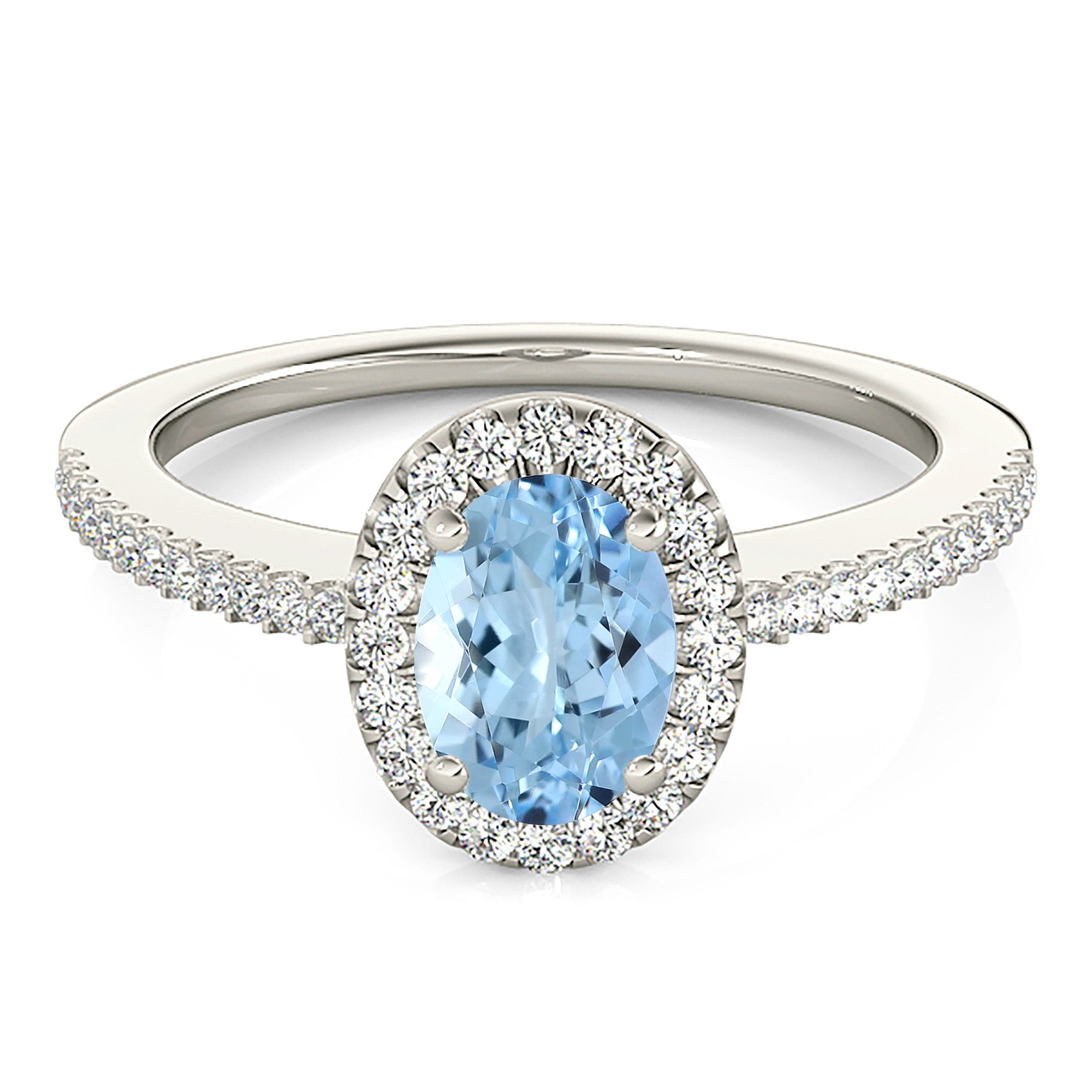 0.97 ct. Genuine Oval Aquamarine Ring With 0.20 ctw. Diamond Halo and Delicate Diamond Band | Oval Blue Aquamarine Halo Ring-in 14K/18K White, Yellow, Rose Gold and Platinum - Christmas Jewelry Gift -VIRABYANI