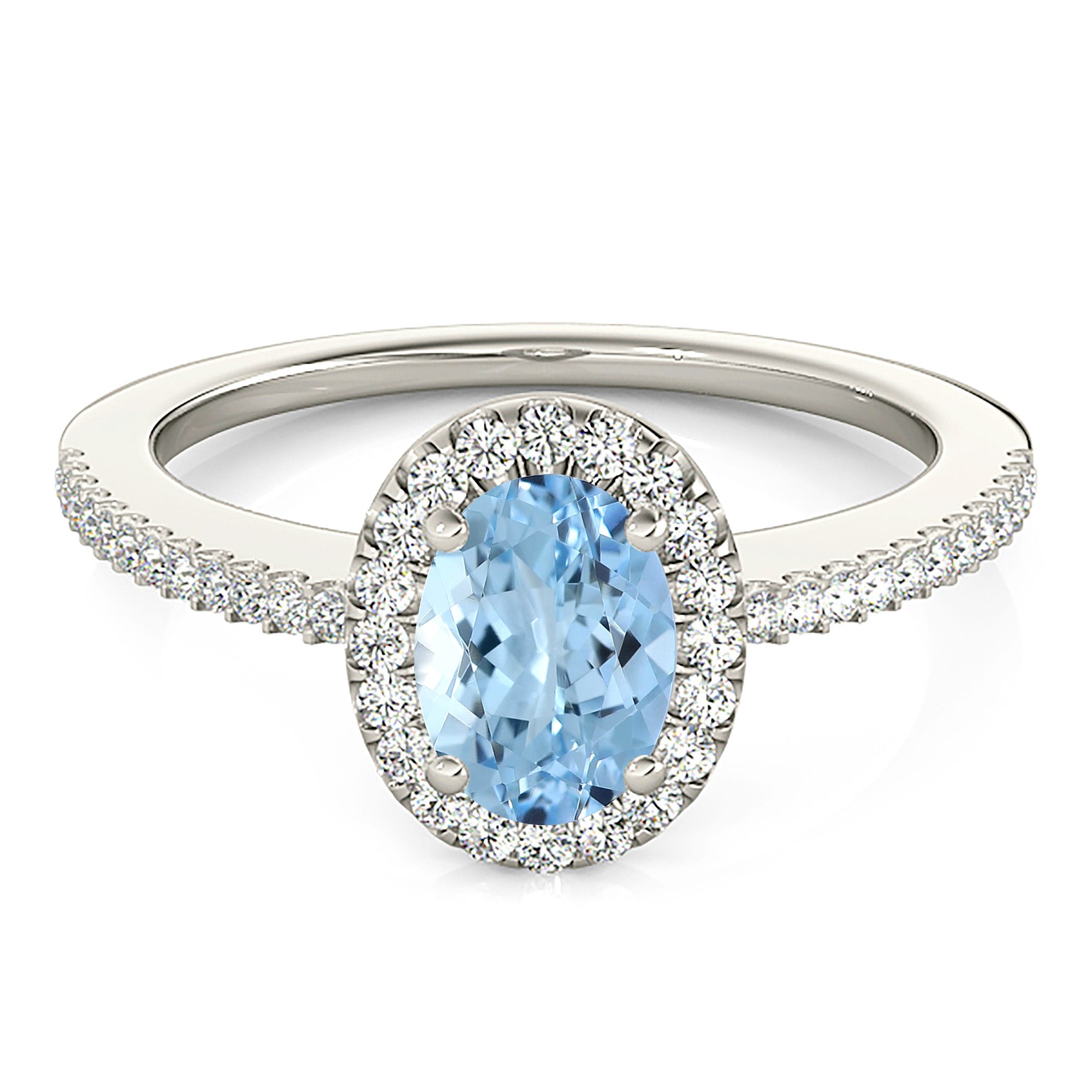 0.97 ct. Genuine Oval Aquamarine Ring With 0.20 ctw. Diamond Halo and Delicate Diamond Band | Oval Blue Aquamarine Halo Ring-VIRABYANI