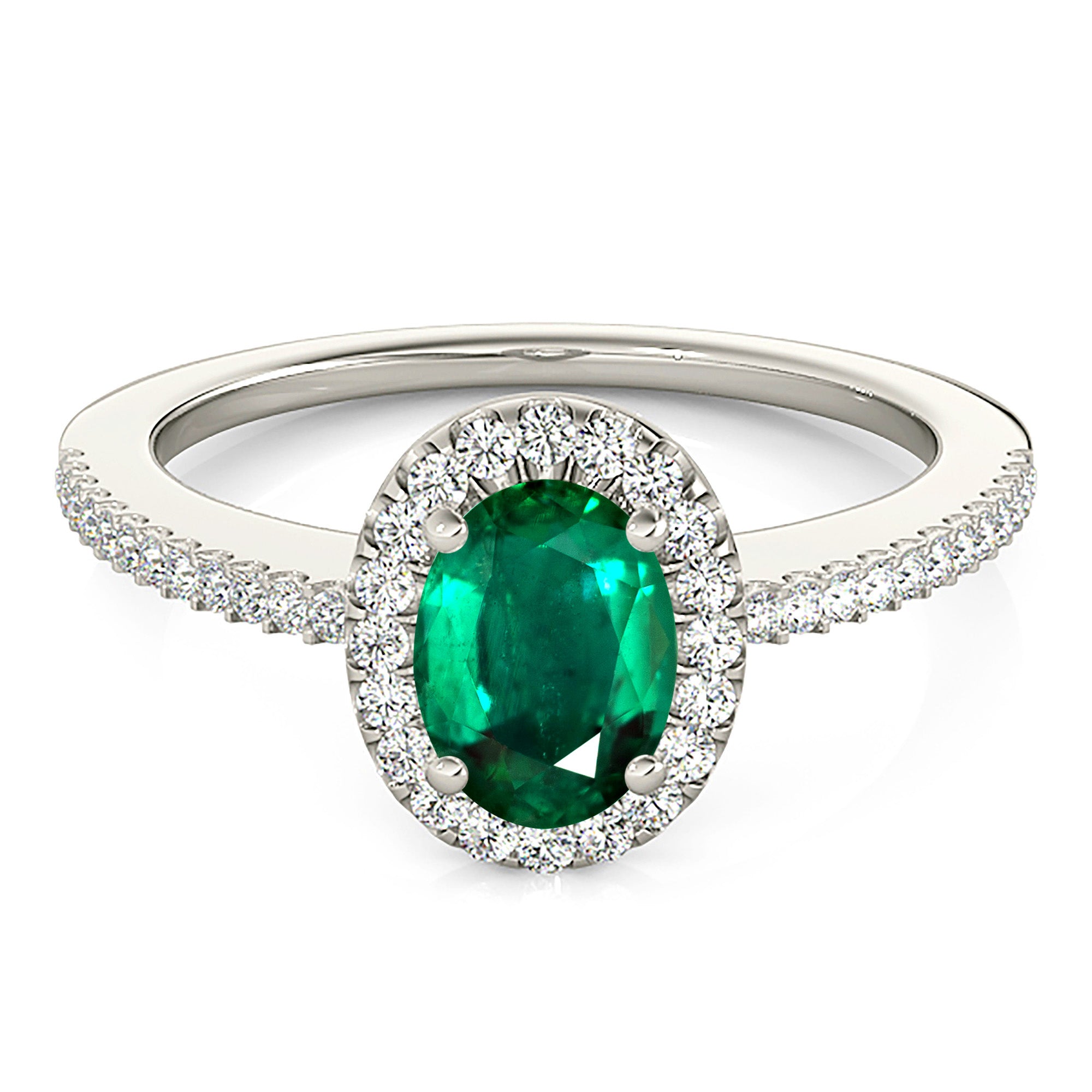 0.98 ct. Genuine Oval Emerald Ring With 0.20 ctw. Diamond Halo and Diamond Thin Shank-in 14K/18K White, Yellow, Rose Gold and Platinum - Christmas Jewelry Gift -VIRABYANI