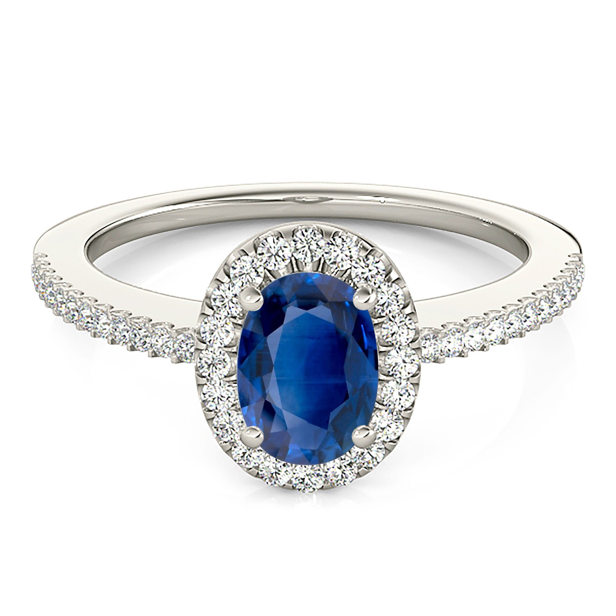 1.00 ct. Genuine Blue Oval Sapphire Ring With 0.20 ctw. Diamond Halo, Thin Diamond Band, Open Gallery | Natural Sapphire And Diamond Ring-in 14K/18K White, Yellow, Rose Gold and Platinum - Christmas Jewelry Gift -VIRABYANI