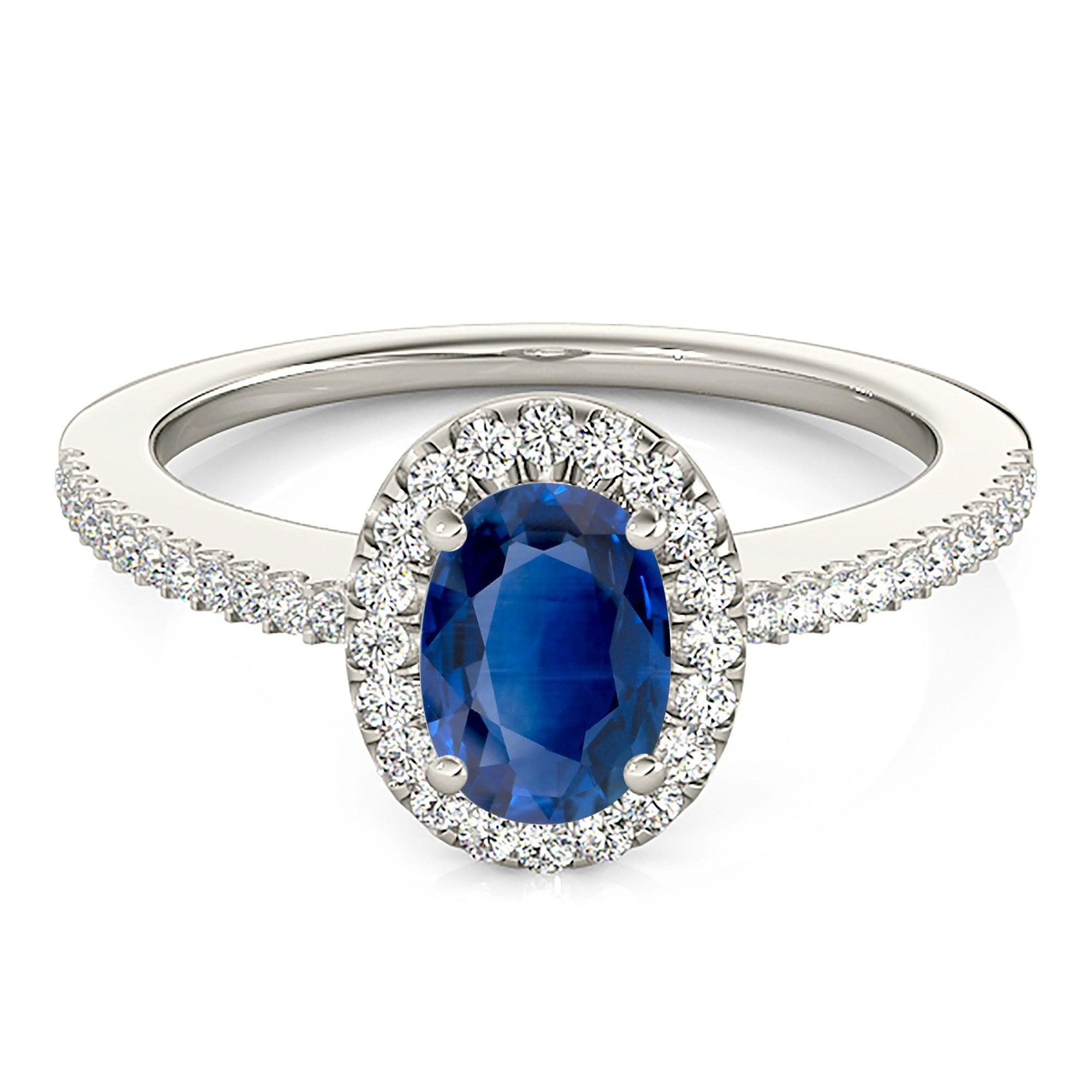 1.00 ct. Genuine Blue Oval Sapphire Ring With 0.20 ctw. Diamond Halo, Thin Diamond Band, Open Gallery | Natural Sapphire And Diamond Ring-VIRABYANI