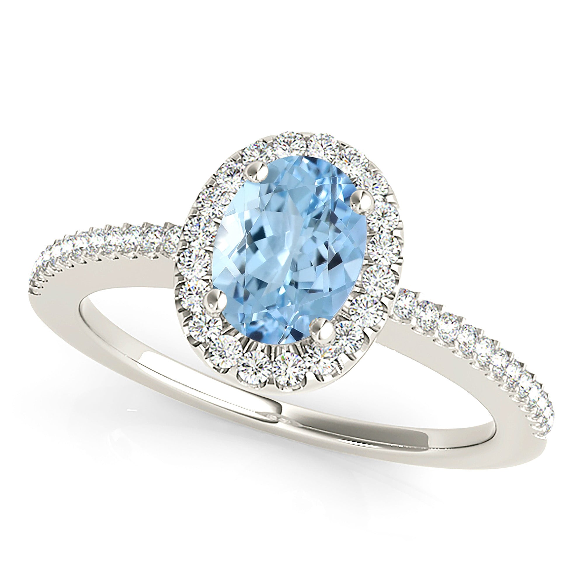 0.97 ct. Genuine Oval Aquamarine Ring With 0.20 ctw. Diamond Halo and Delicate Diamond Band | Oval Blue Aquamarine Halo Ring-VIRABYANI