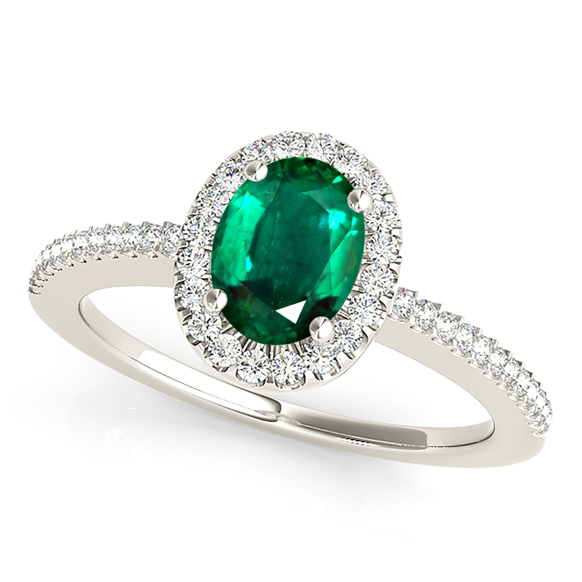 0.98 ct. Genuine Oval Emerald Ring With 0.20 ctw. Diamond Halo and Diamond Thin Shank-VIRABYANI
