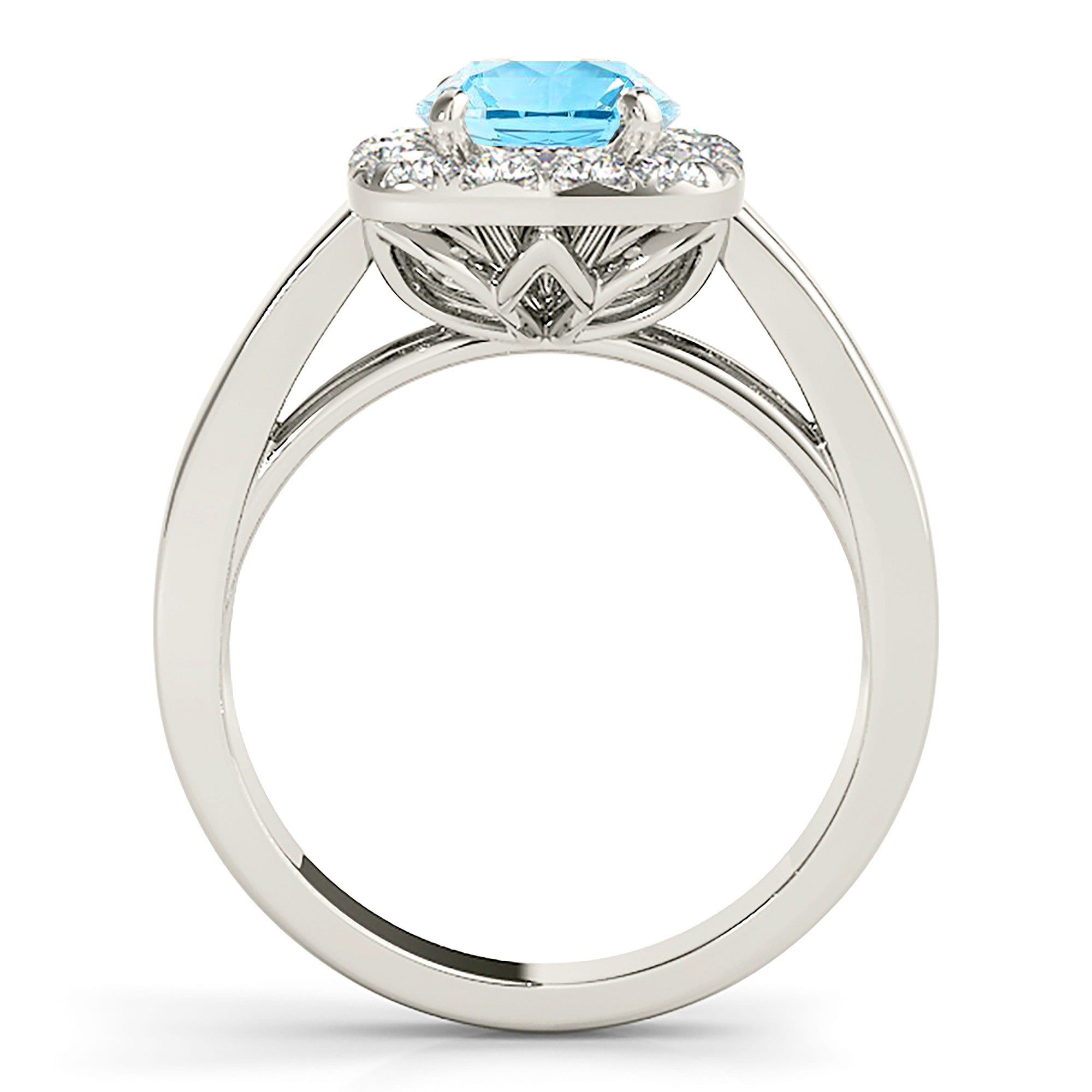 2.00 ct. Genuine Aquamarine Ring With 0.50 ctw. Diamond Cushion Halo And Solid Gold Wide Band | Round Blue Aquamarine Halo Ring-VIRABYANI