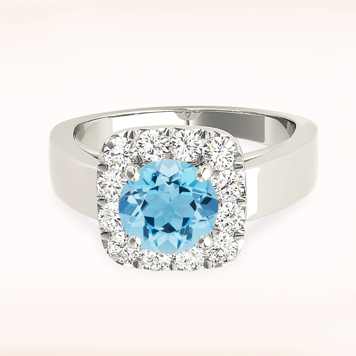 2.00 ct. Genuine Aquamarine Ring With 0.50 ctw. Diamond Cushion Halo And Solid Gold Wide Band | Round Blue Aquamarine Halo Ring-VIRABYANI