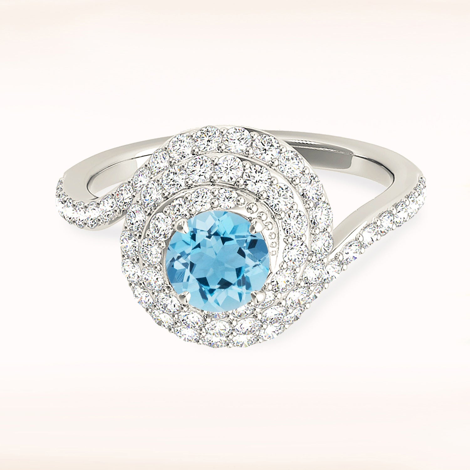 0.83 ct. Genuine Aquamarine Ring With 0.65 ctw. Diamond Triple Row Wrap Around Halo, Delicate Diamond Band | Round Blue Aquamarine Halo Ring-VIRABYANI