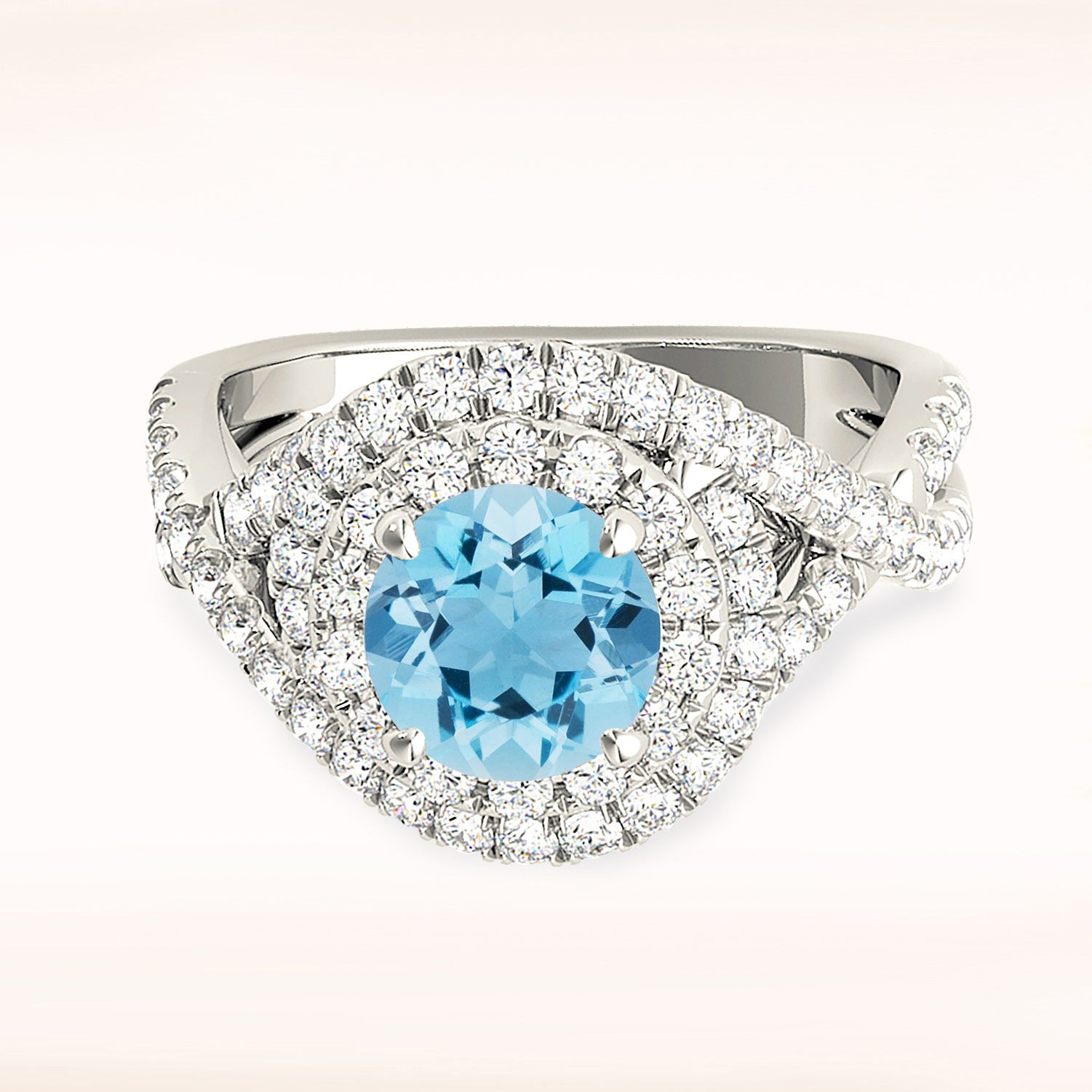 1.10 ct. Genuine Aquamarine Ring With 0.70 ctw. Diamond Wraparound Floral Halo And Braid Design Band | Round Blue Aquamarine Halo Ring-VIRABYANI