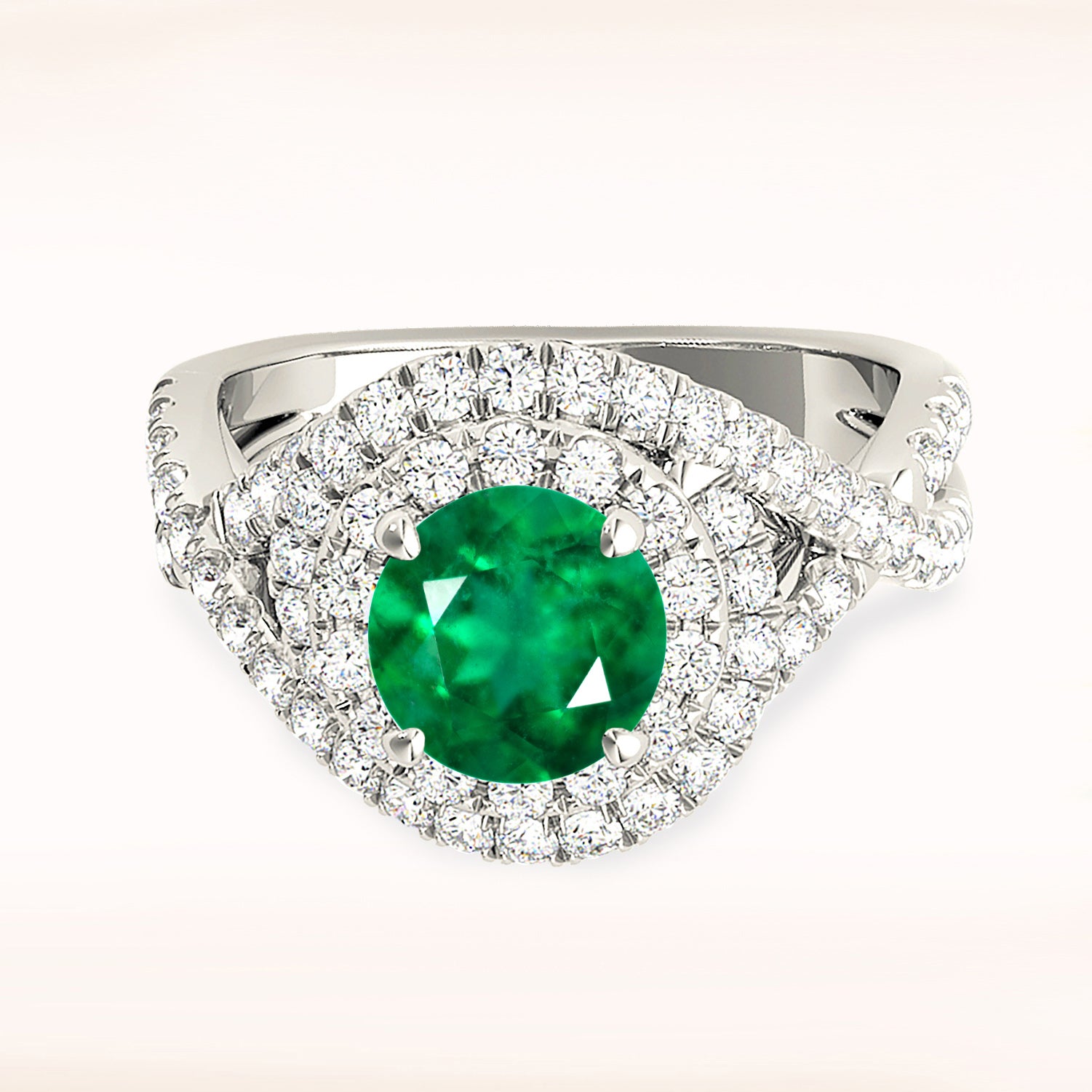 1.14 ct. Genuine Emerald Ring With 0.70 ctw. Diamond Swirl Halo and Twist Diamond Band-in 14K/18K White, Yellow, Rose Gold and Platinum - Christmas Jewelry Gift -VIRABYANI