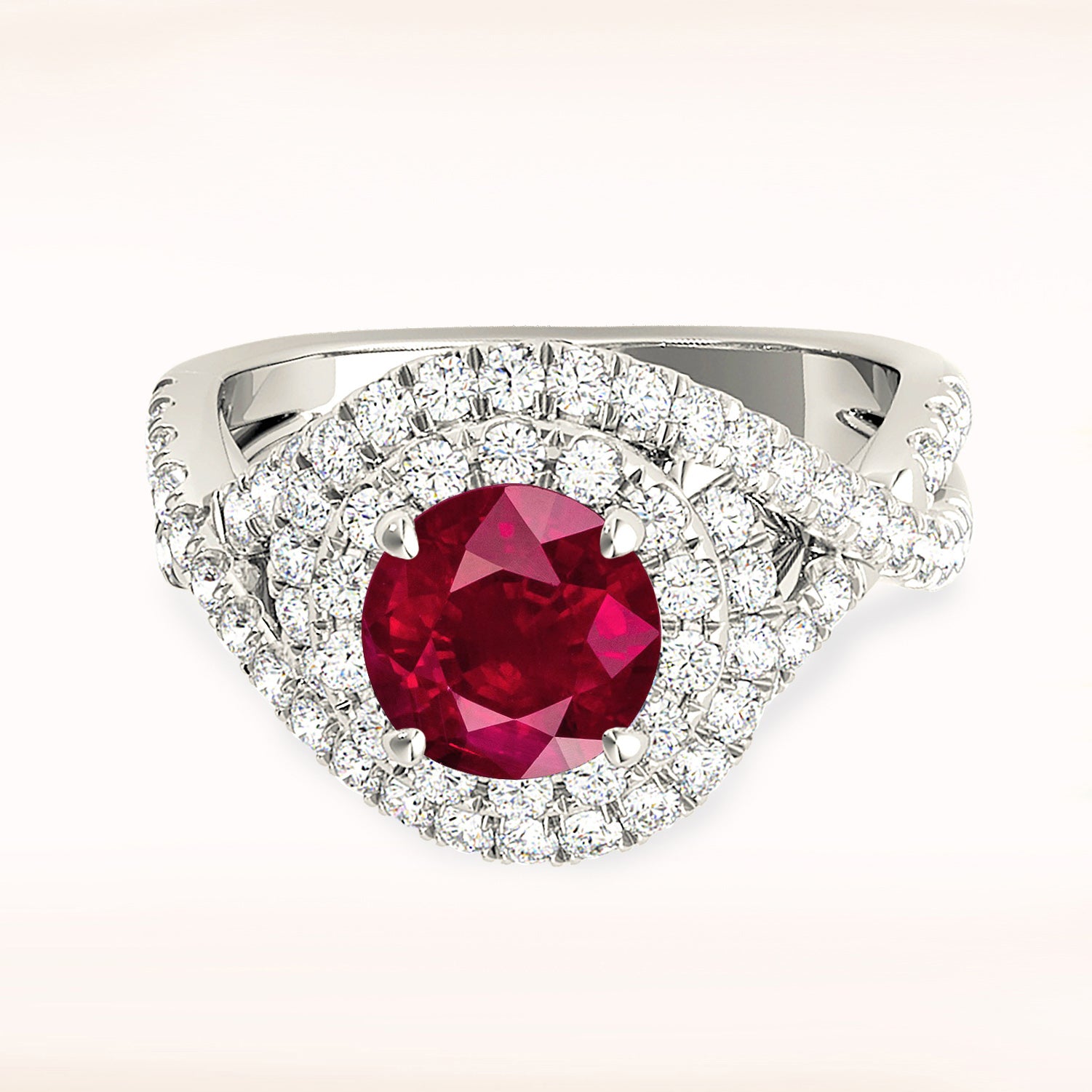 1.35 ct. Genuine Ruby Ring With 0.70 ctw. Diamond Wrap Around Halo And Twist Diamond Band-VIRABYANI