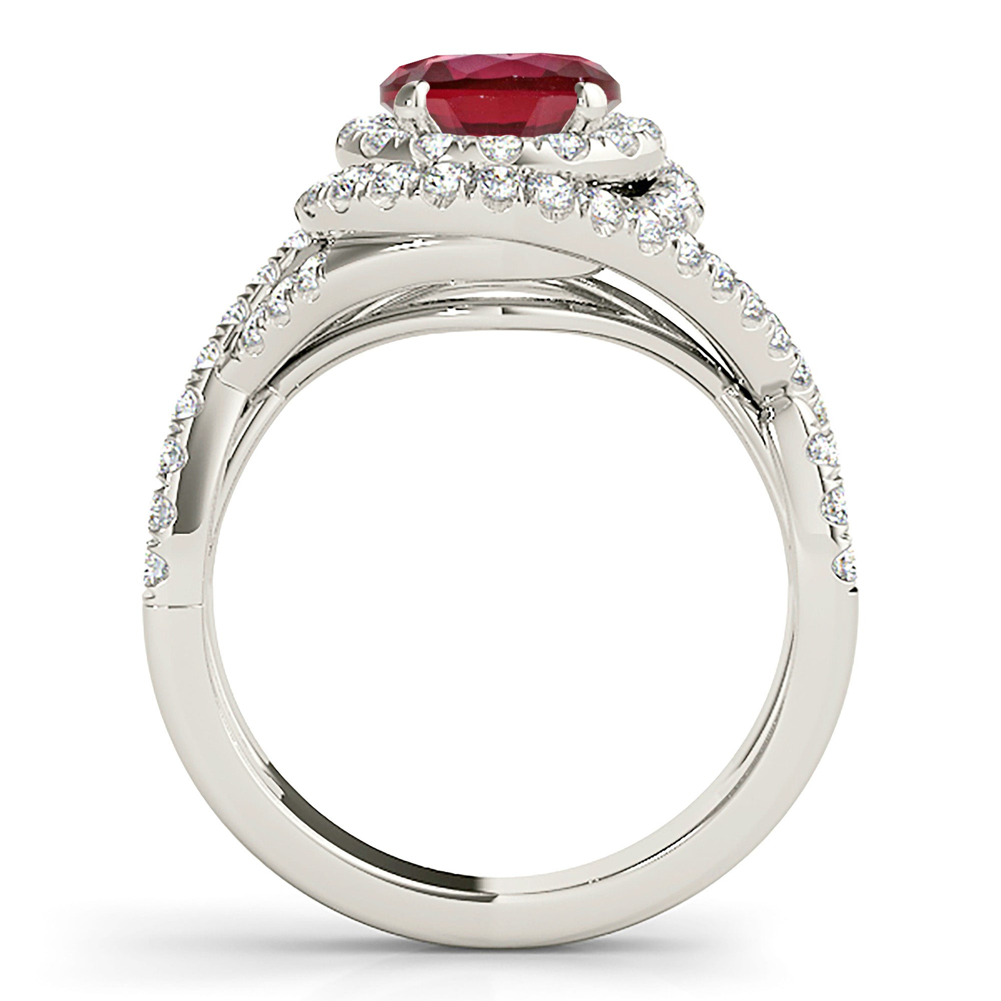1.35 ct. Genuine Ruby Ring With 0.70 ctw. Diamond Wrap Around Halo And Twist Diamond Band-in 14K/18K White, Yellow, Rose Gold and Platinum - Christmas Jewelry Gift -VIRABYANI