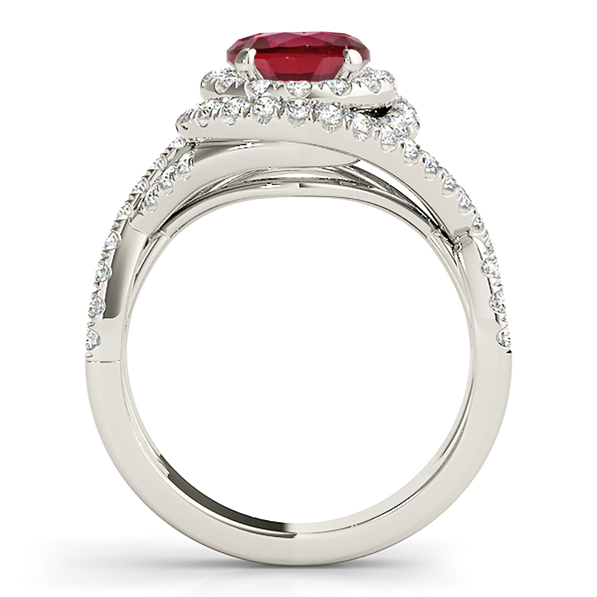 1.35 ct. Genuine Ruby Ring With 0.70 ctw. Diamond Wrap Around Halo And Twist Diamond Band-VIRABYANI